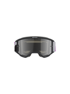 Alpinestars Vision 5 Corp Goggles, maschera da motocross, montatura grigio chiaro con lente Purple Mirror Silver, vista frontale con testo 'ONE GOAL. ONE VISION.', cinturino intrecciato regolabile grigio e viola, protezione per gli occhi ad alte prestazioni per fuoristrada