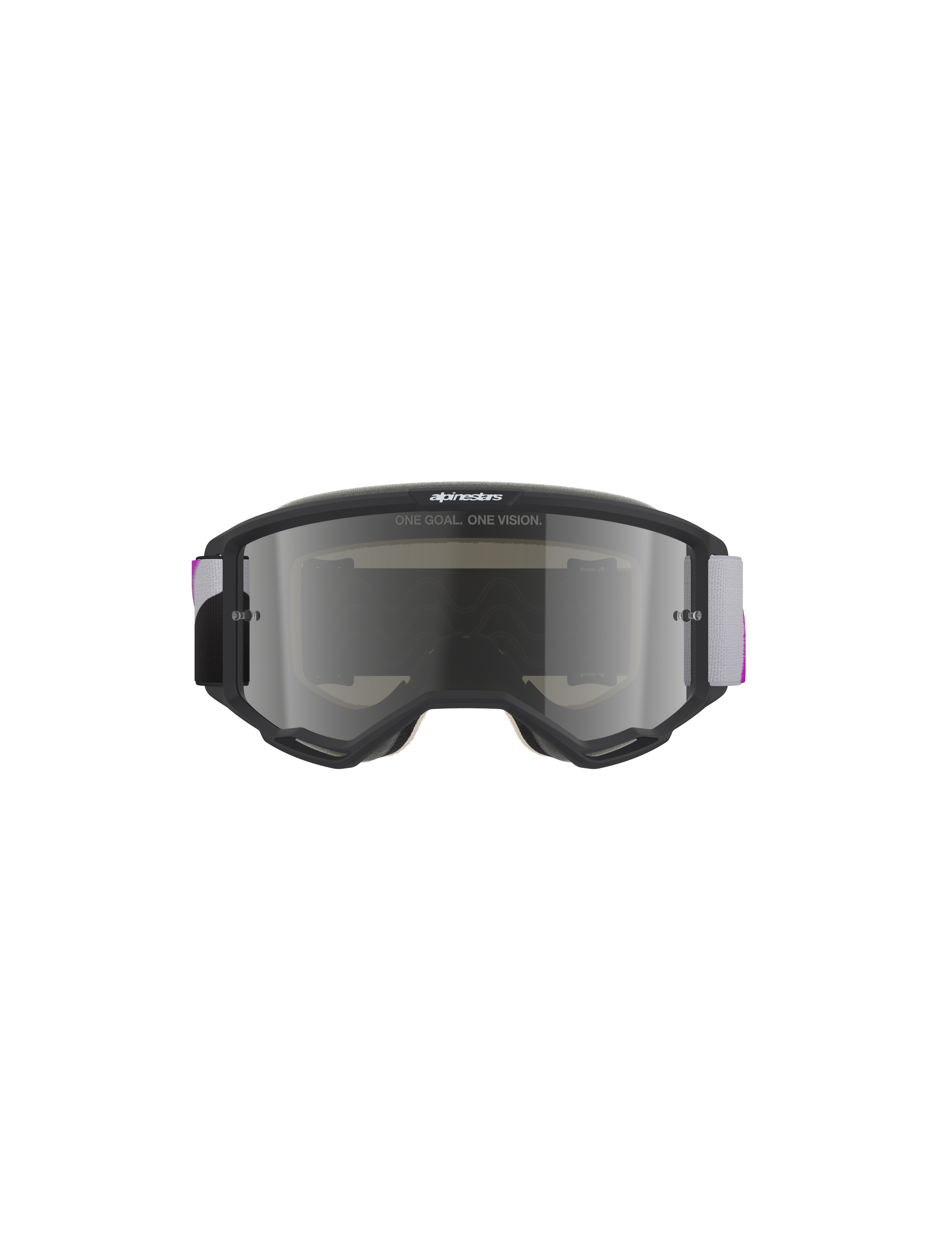 Alpinestars Vision 5 Corp Goggles, maschera da motocross, montatura grigio chiaro con lente Purple Mirror Silver, vista frontale con testo 'ONE GOAL. ONE VISION.', cinturino intrecciato regolabile grigio e viola, protezione per gli occhi ad alte prestazioni per fuoristrada