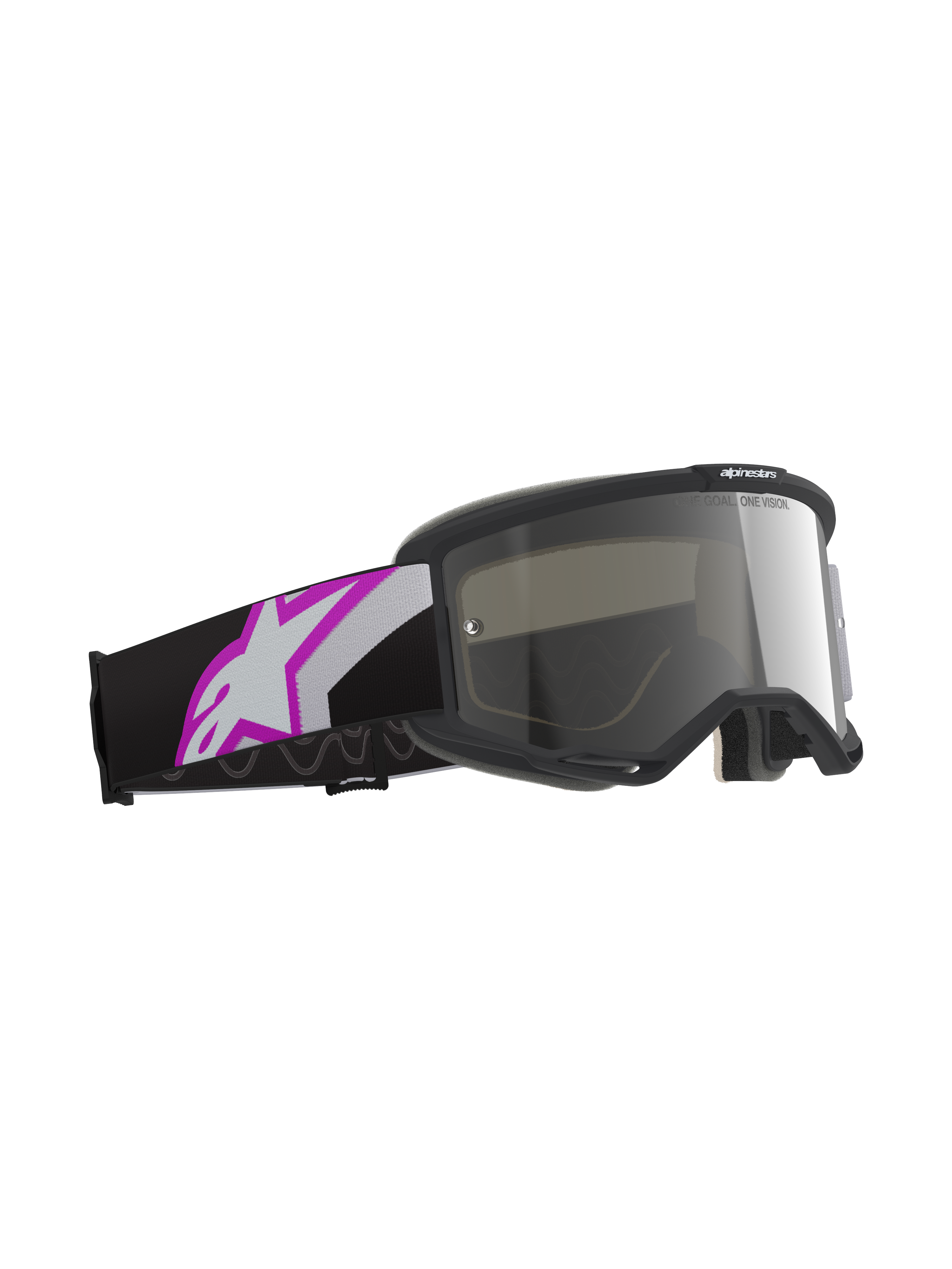 Alpinestars Vision 5 Corp Goggles, maschera da motocross con montatura grigio chiaro e lente Purple Mirror Silver, fascia nera con grande logo Astars bianco e viola, equipaggiamento professionale per fuoristrada