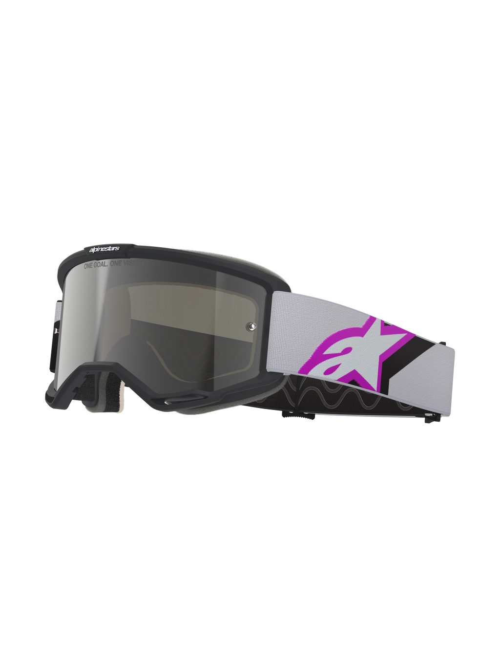 Alpinestars Vision 5 Corp Goggles, maschere da motocross, grigio chiaro e viola argento specchiato, montatura nera con lente argento specchiata, cinturino grigio chiaro con grande logo a stella viola e nero, imbottitura facciale multistrato per una calzata aderente, occhiali protettivi professionali per fuoristrada