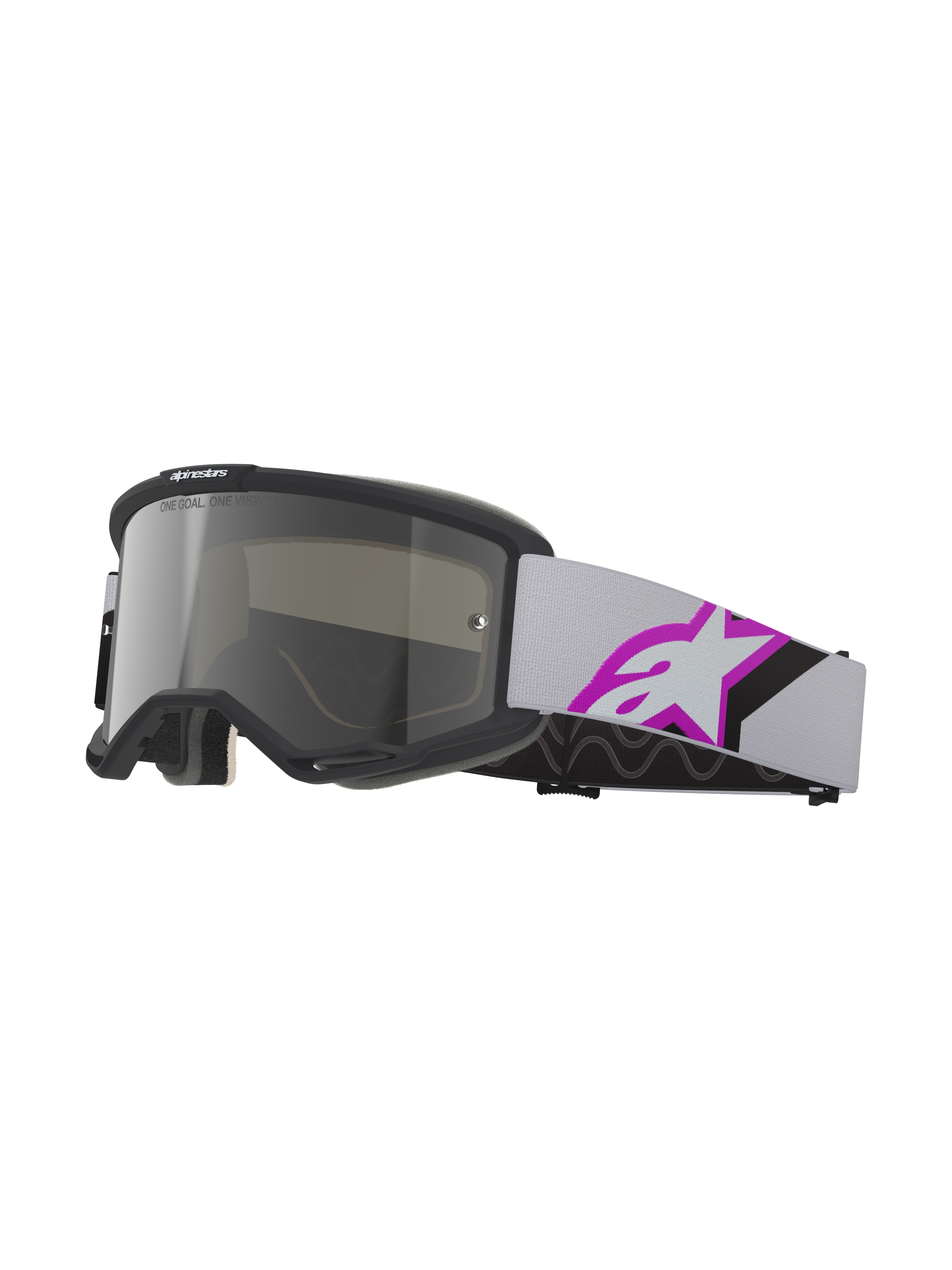 Alpinestars Vision 5 Corp Goggles, maschere da motocross, grigio chiaro e viola argento specchiato, montatura nera con lente argento specchiata, cinturino grigio chiaro con grande logo a stella viola e nero, imbottitura facciale multistrato per una calzata aderente, occhiali protettivi professionali per fuoristrada
