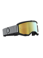 Alpinestars Maschere Vision 5 Hone, maschere da motocross, nero e bianco, lente a specchio dorata e telaio A-FLEX, cinturino con grafica a spirale.