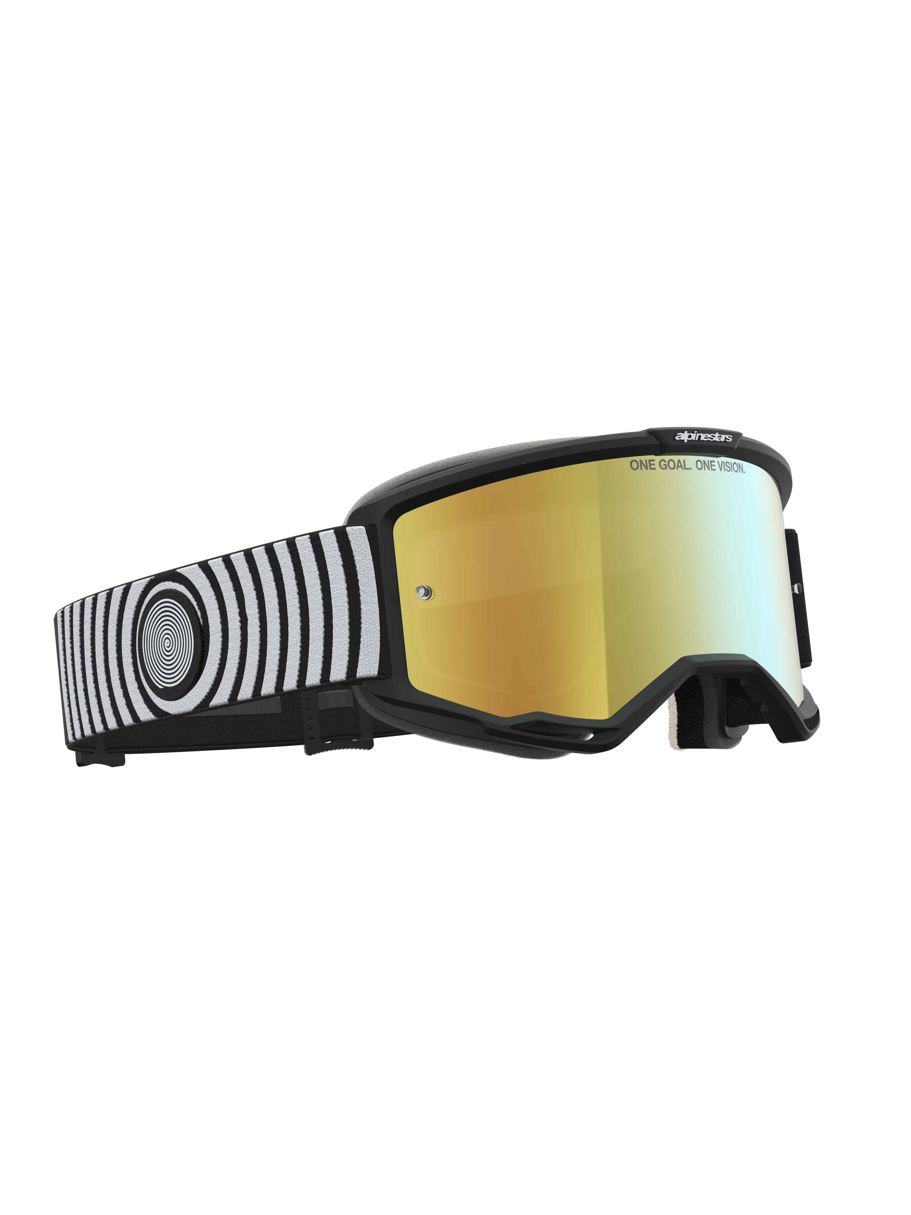 Alpinestars Maschere Vision 5 Hone, maschere da motocross, nero e bianco, lente a specchio dorata e telaio A-FLEX, cinturino con grafica a spirale.