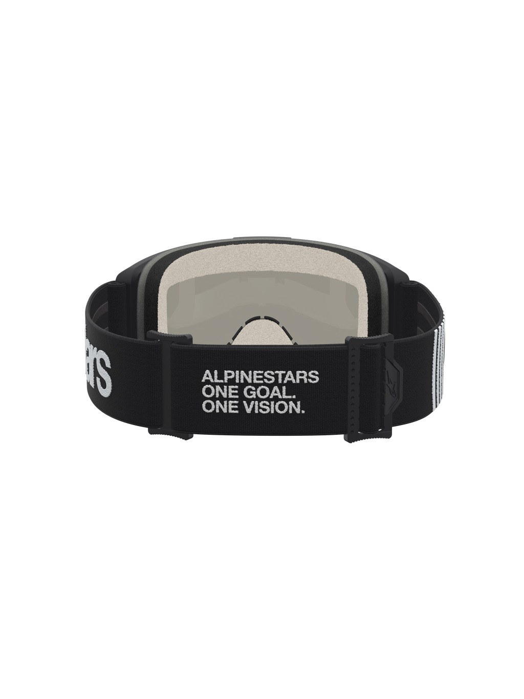 Alpinestars Maschere Vision 5 Hone, maschere da motocross, nero e bianco, vista posteriore con cinturino elastico logato One Goal One Vision e schiuma multistrato da 17 mm.