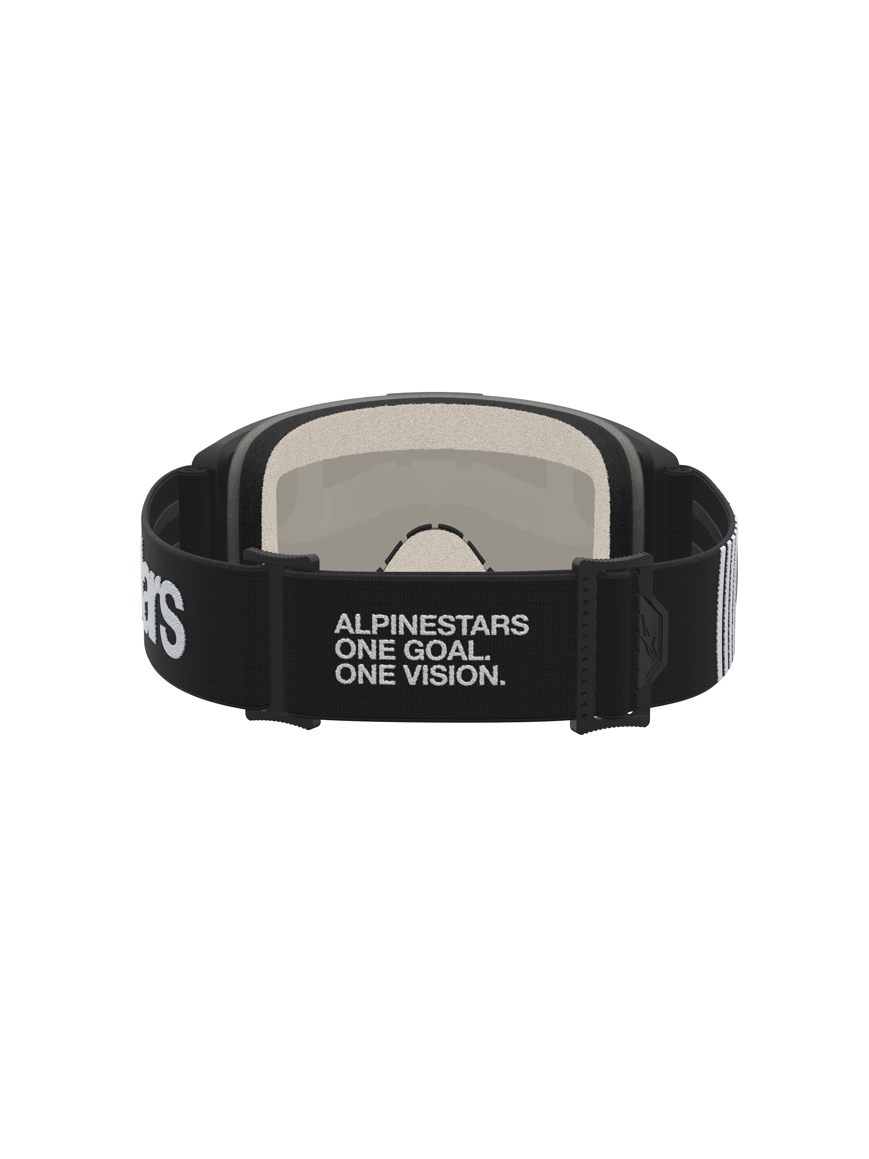 Alpinestars Maschere Vision 5 Hone, maschere da motocross, nero e bianco, vista posteriore con cinturino elastico logato One Goal One Vision e schiuma multistrato da 17 mm.