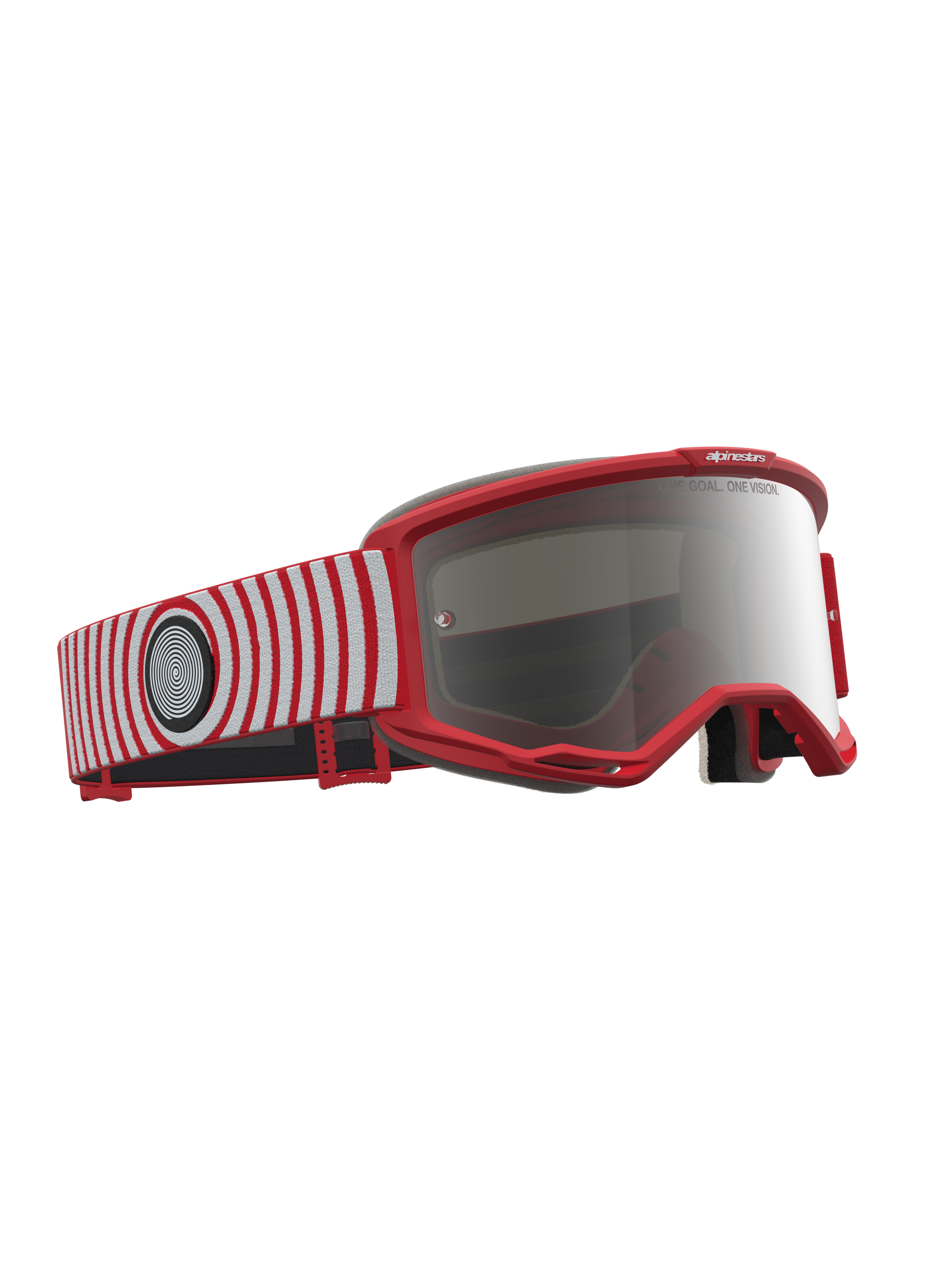Alpinestars Maschere Vision 5 Hone, maschere da motocross con montatura rossa, fascia a strisce bianche e rosse, lente argento specchiata, telaio A-FLEX flessibile e sistema di ventilazione RAM-AIR per fuoristrada