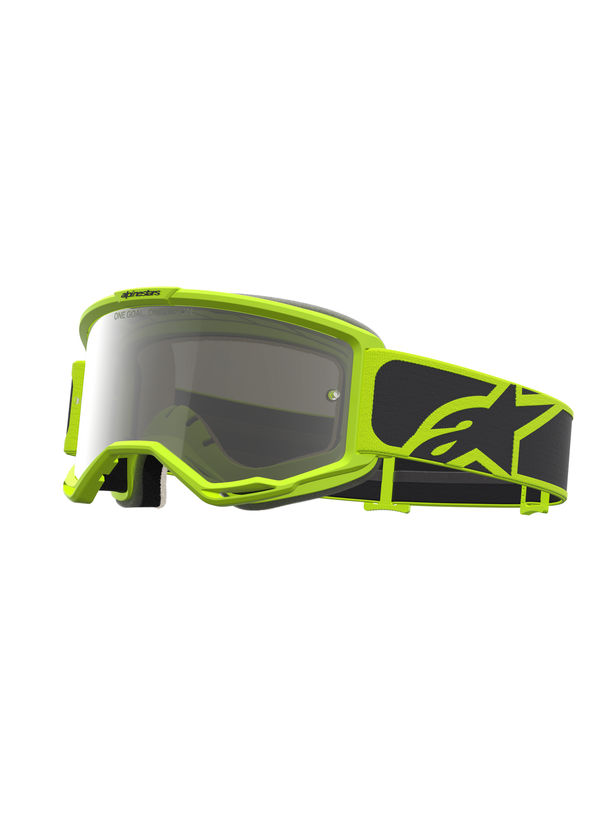 Maschere Alpinestars Vision 5 Rora, maschere motocross giallo fluo e nero con lente argento a specchio e sistema RAM-AIR.