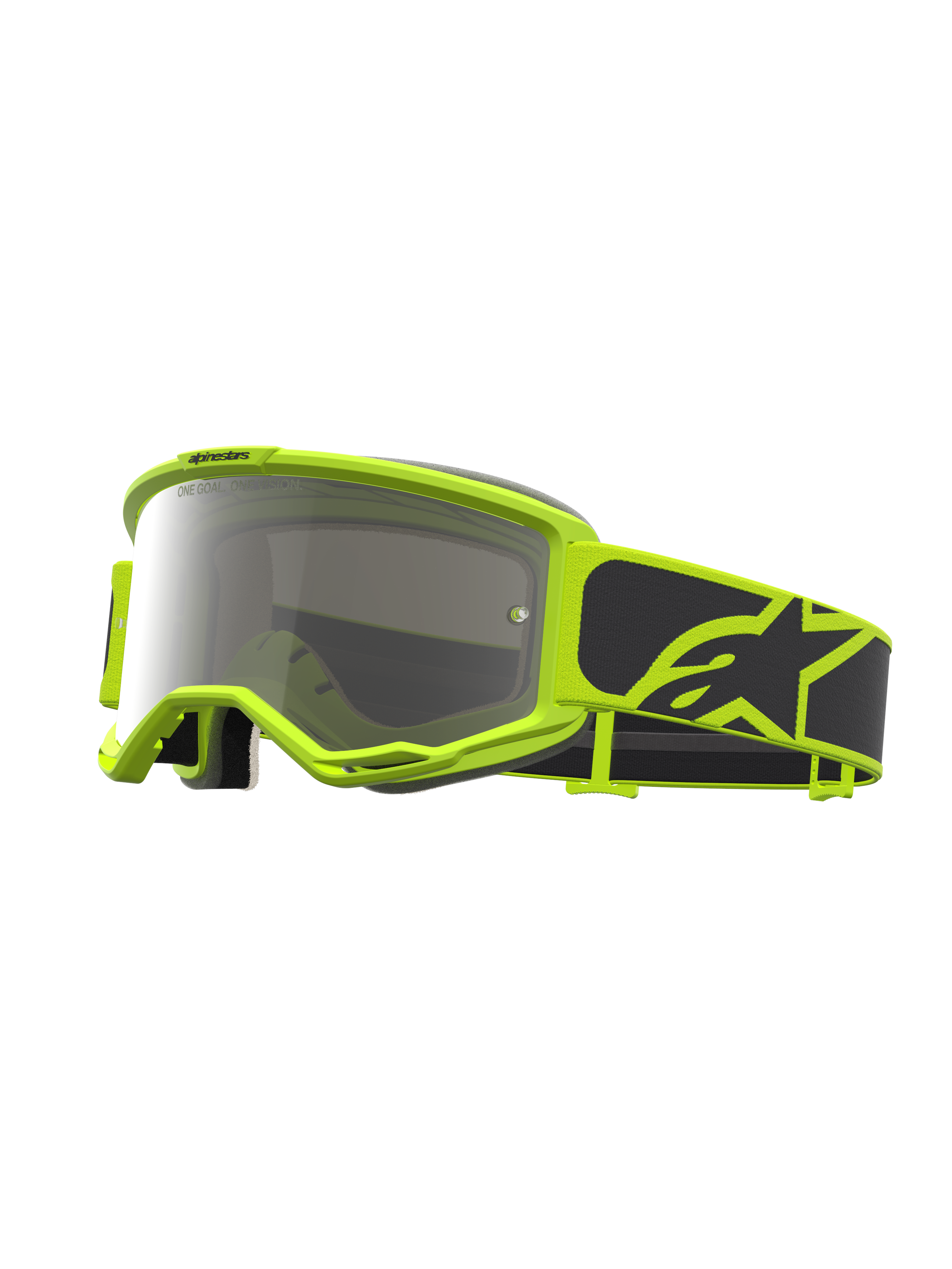 Maschere Alpinestars Vision 5 Rora, maschere motocross giallo fluo e nero con lente argento a specchio e sistema RAM-AIR.