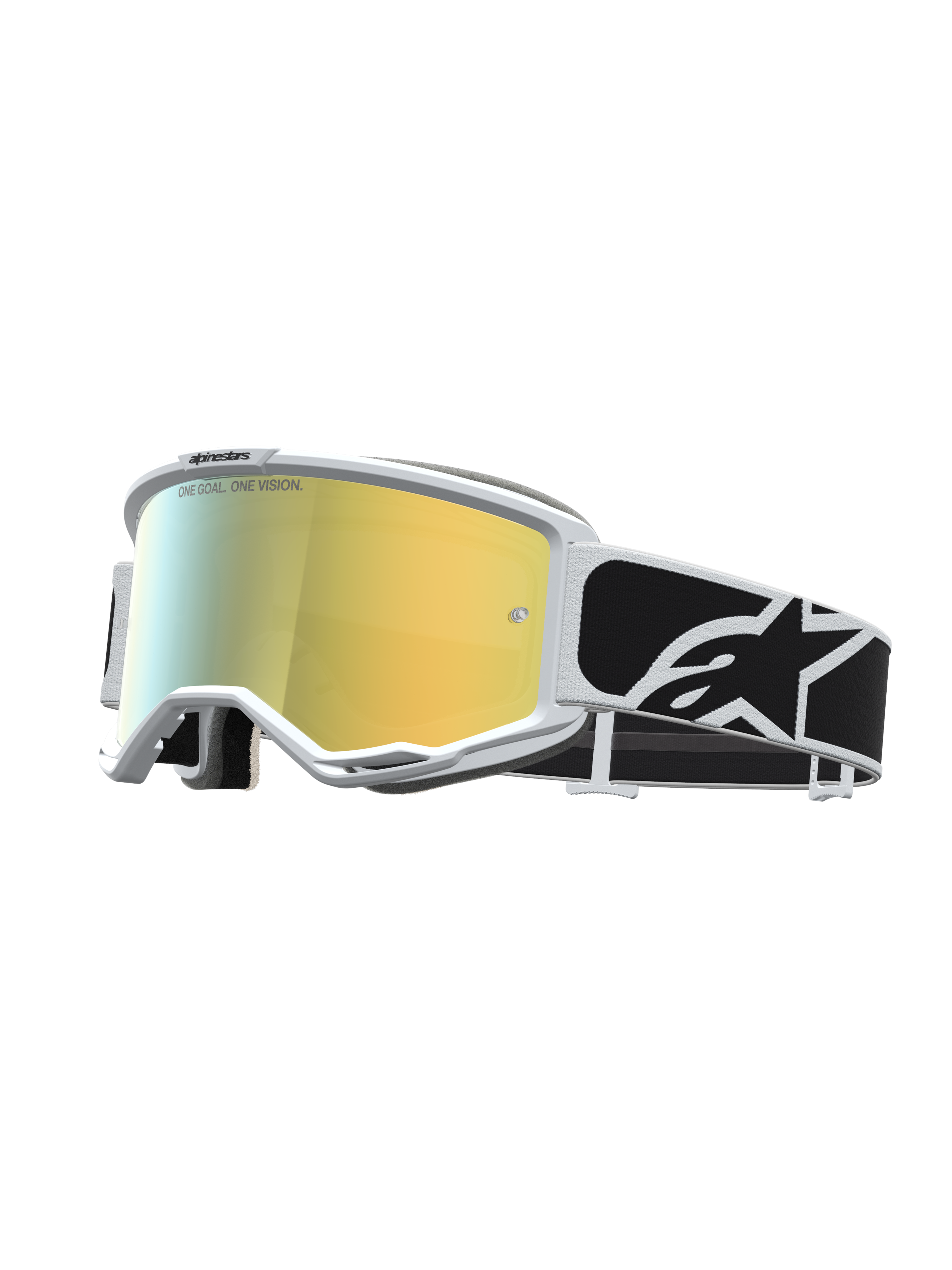 Alpinestars Maschere Vision 5 Rora, maschere da motocross con montatura bianca, lente dorata a specchio e fascia nera