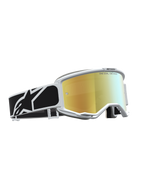 Alpinestars Maschere Vision 5 Rora, maschere da motocross con lente dorata a specchio, montatura bianca e fascia nera.