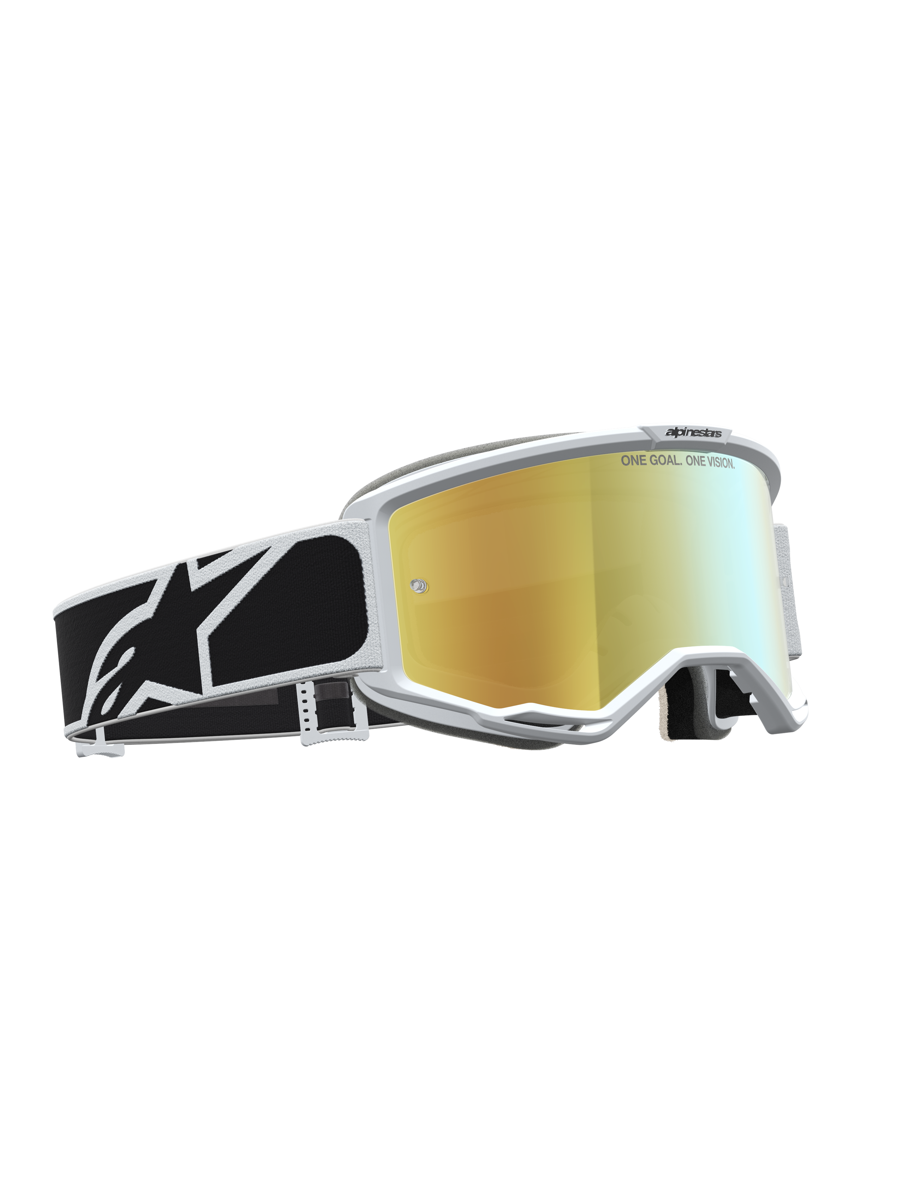 Alpinestars Maschere Vision 5 Rora, maschere da motocross con lente dorata a specchio, montatura bianca e fascia nera.