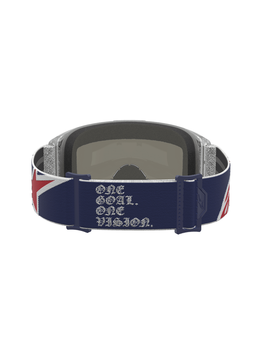 Alpinestars Vision 5 Le Fiftyfold Goggle, maschera da motocross, vista posteriore con cinturino blu e rosso, slogan 'One Goal. One Vision.' bianco e grafica con bandiera britannica.