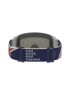 Alpinestars Vision 5 Le Fiftyfold Goggle, maschera da motocross, vista posteriore con cinturino blu e rosso, slogan 'One Goal. One Vision.' bianco e grafica con bandiera britannica.
