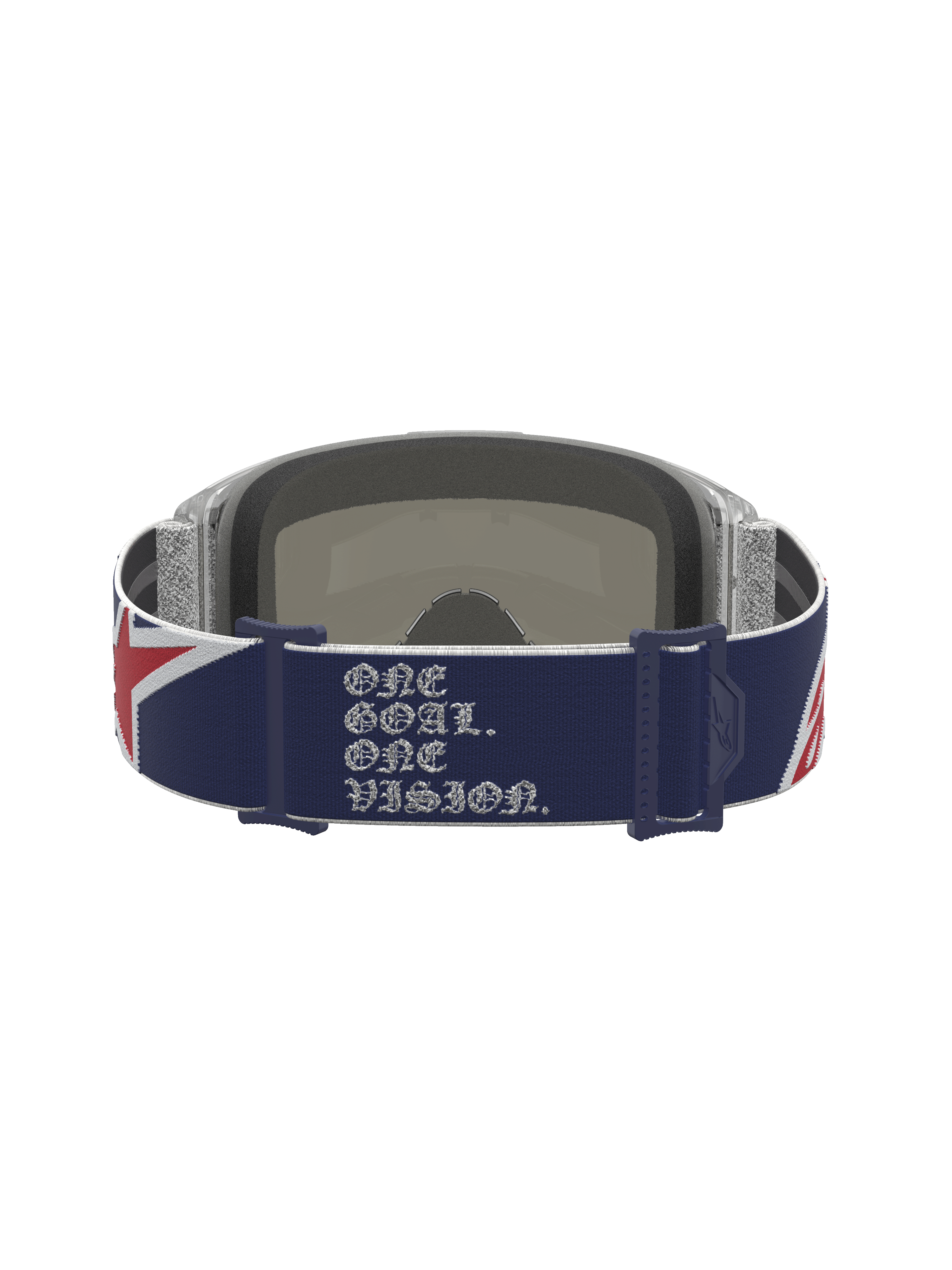 Alpinestars Vision 5 Le Fiftyfold Goggle, maschera da motocross, vista posteriore con cinturino blu e rosso, slogan 'One Goal. One Vision.' bianco e grafica con bandiera britannica.