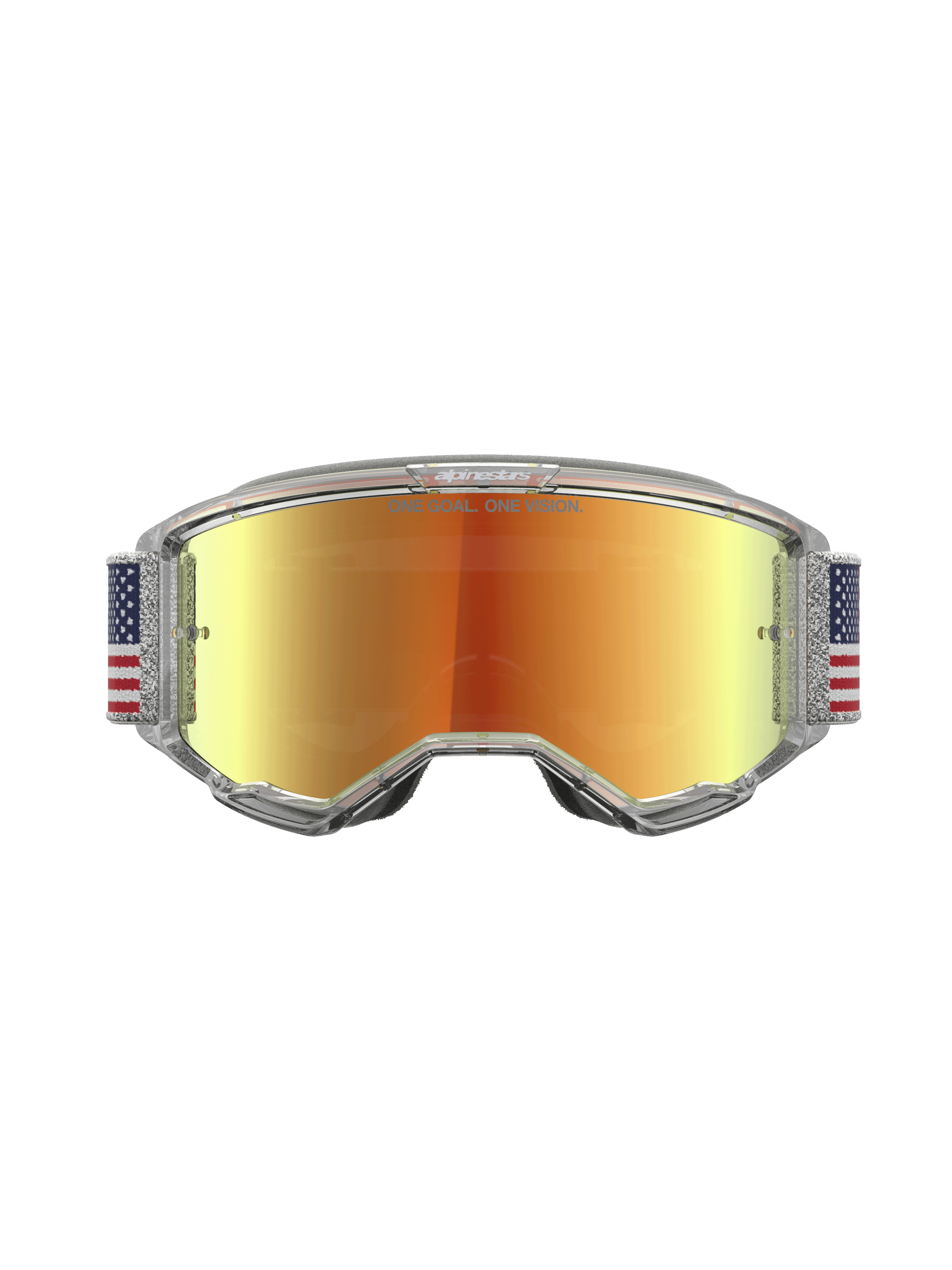 Alpinestars Vision 5 Le Fiftyfold, maschere da motocross con lente a specchio rossa, montatura trasparente e cinturino con bandiera blu e bianca, protezione off-road.