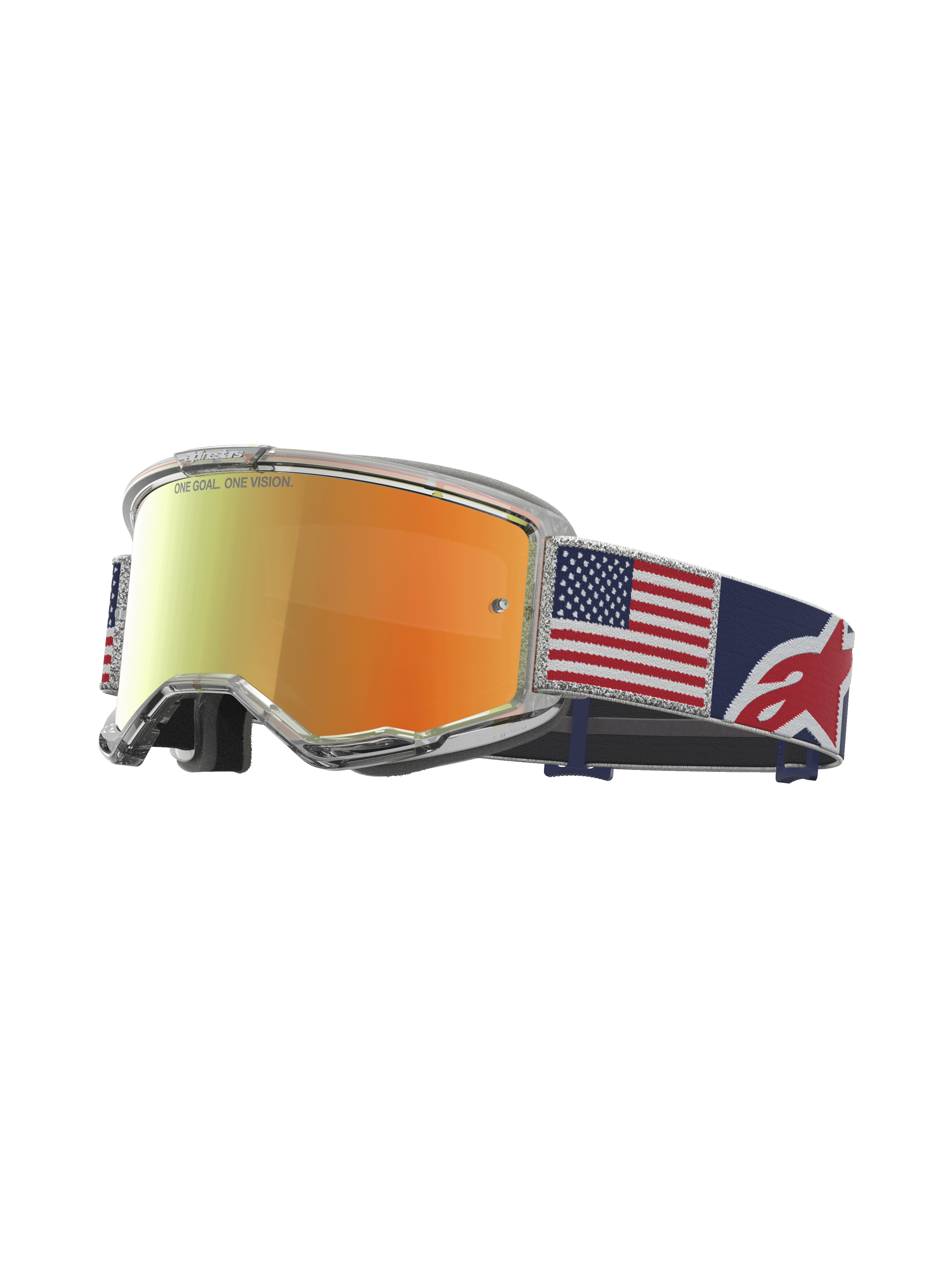 Alpinestars Vision 5 Le Fiftyfold Goggle, maschere motocross in edizione limitata, lente specchiata rossa, cinturino con bandiera USA, montatura trasparente A-FLEX con ventilazione RAM-AIR.