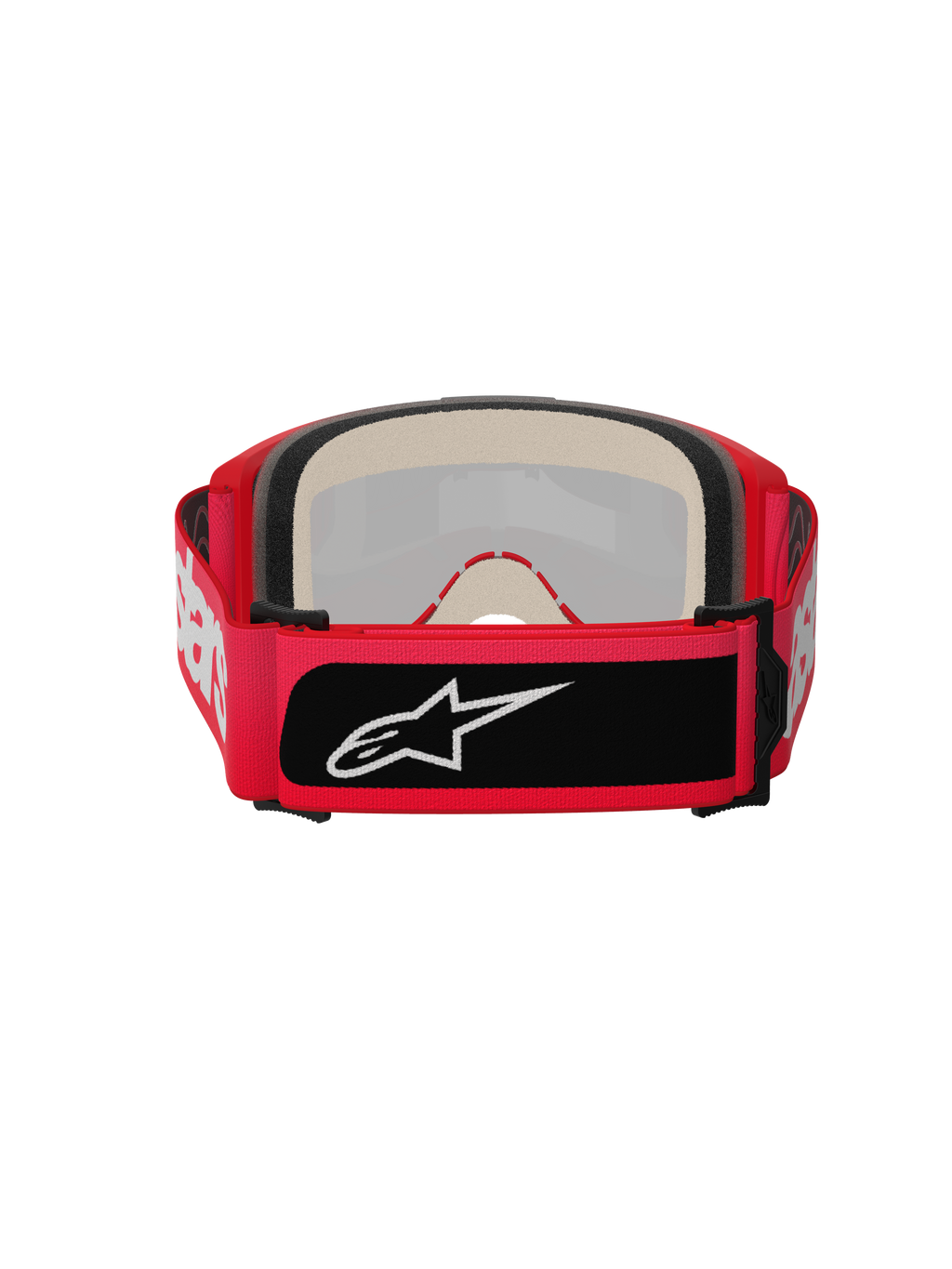 Alpinestars Vision 5 Blaze Goggles, occhiali da motocross, rosso, vista posteriore con spessa schiuma facciale multistrato e ampia fascia regolabile con scritta Alpinestars bianca e toppa con logo nero