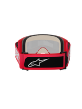 Alpinestars Vision 5 Blaze Goggles, occhiali da motocross, rosso, vista posteriore con spessa schiuma facciale multistrato e ampia fascia regolabile con scritta Alpinestars bianca e toppa con logo nero