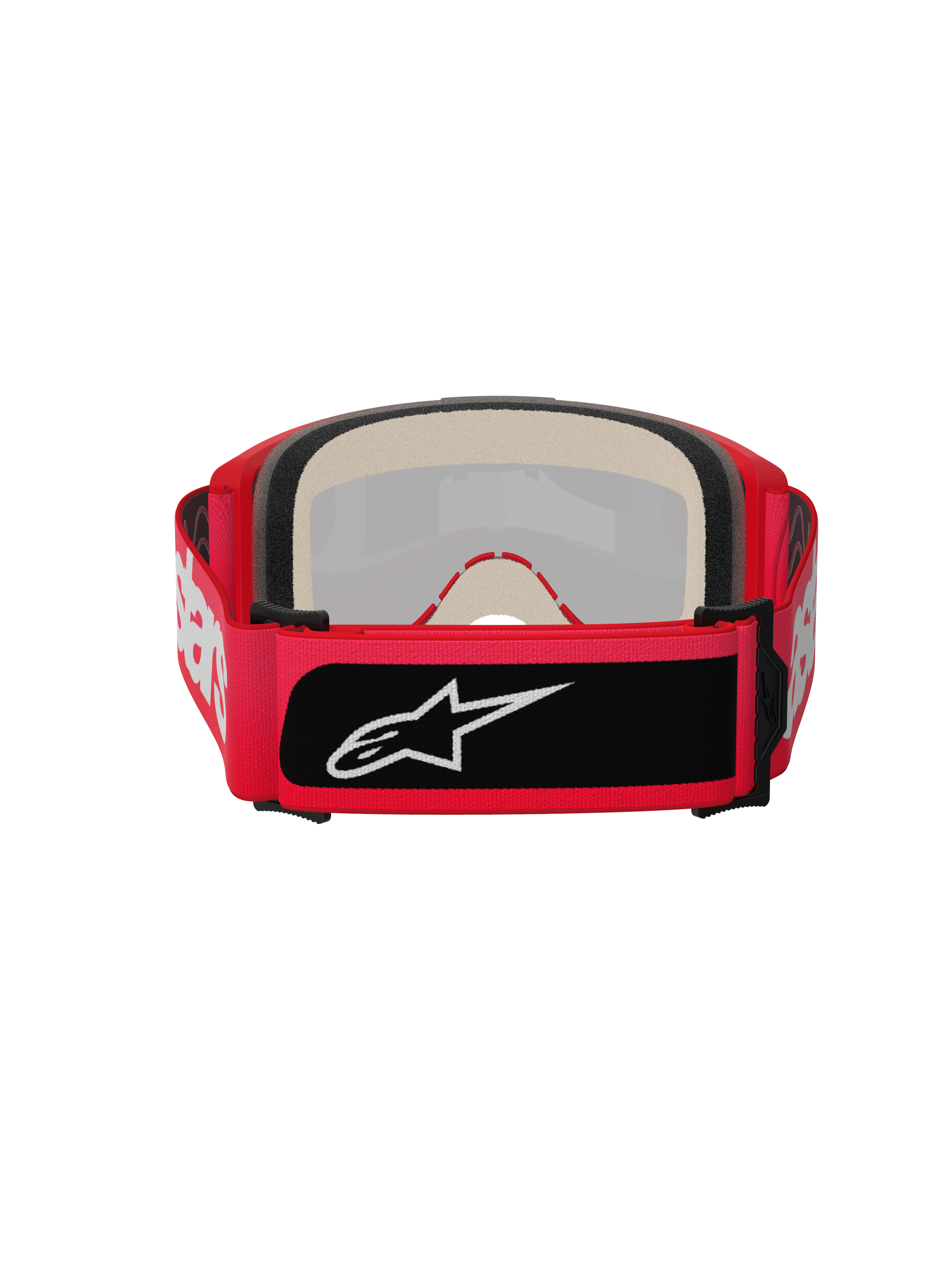 Alpinestars Vision 5 Blaze Goggles, occhiali da motocross, rosso, vista posteriore con spessa schiuma facciale multistrato e ampia fascia regolabile con scritta Alpinestars bianca e toppa con logo nero