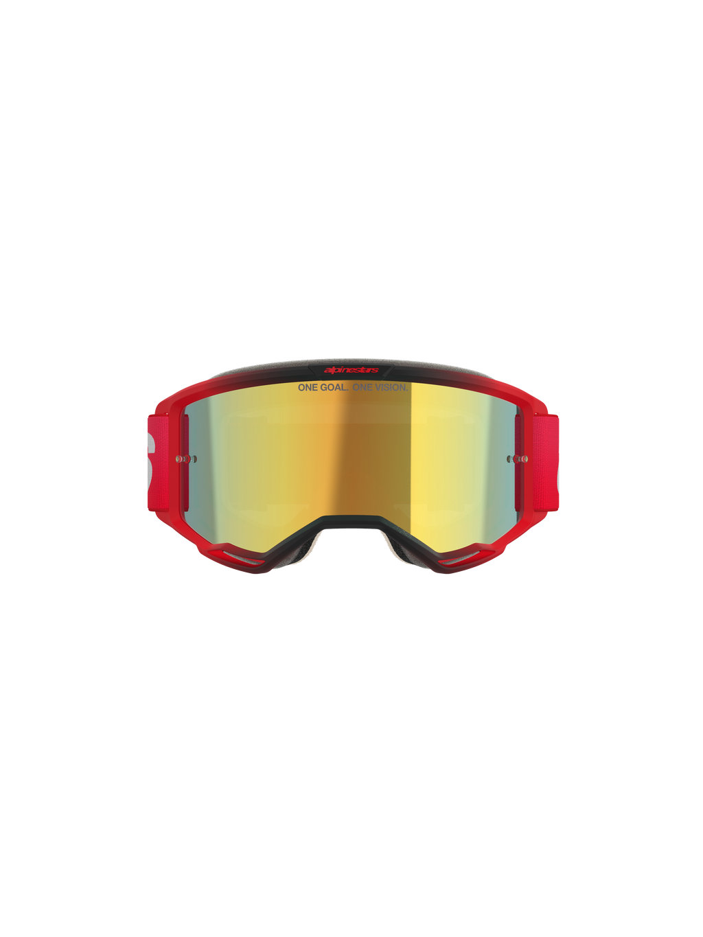 Alpinestars Vision 5 Blaze Goggles, occhiali da motocross, montatura rossa con lente specchiata oro, scritta 'ONE GOAL. ONE VISION.' sulla lente, fascia elastica rossa con logo bianco, protezione professionale per motocross