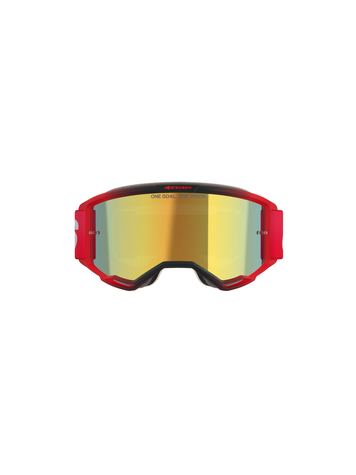 Alpinestars Vision 5 Blaze Goggles, occhiali da motocross, montatura rossa con lente specchiata oro, scritta 'ONE GOAL. ONE VISION.' sulla lente, fascia elastica rossa con logo bianco, protezione professionale per motocross