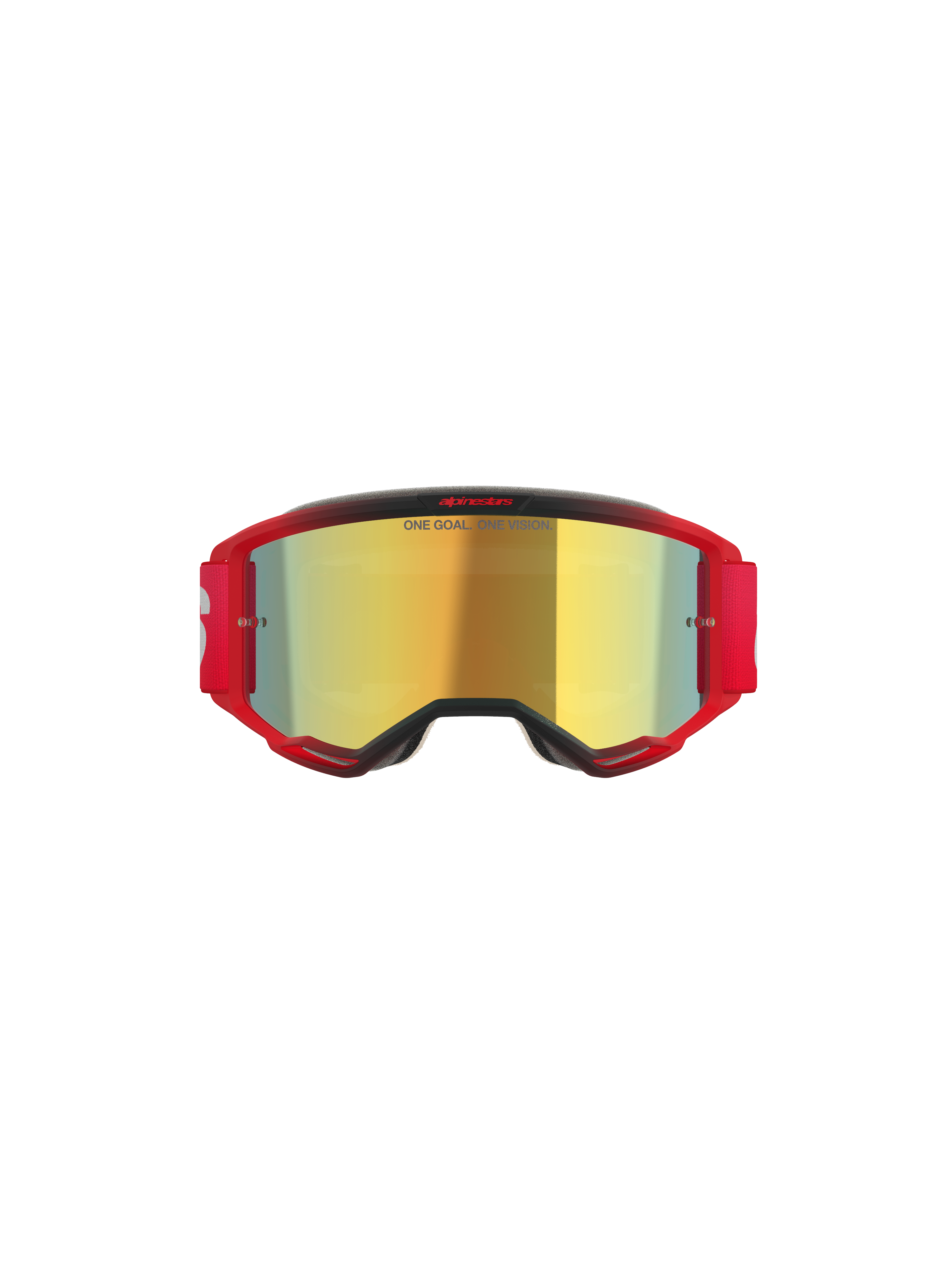 Alpinestars Vision 5 Blaze Goggles, occhiali da motocross, montatura rossa con lente specchiata oro, scritta 'ONE GOAL. ONE VISION.' sulla lente, fascia elastica rossa con logo bianco, protezione professionale per motocross