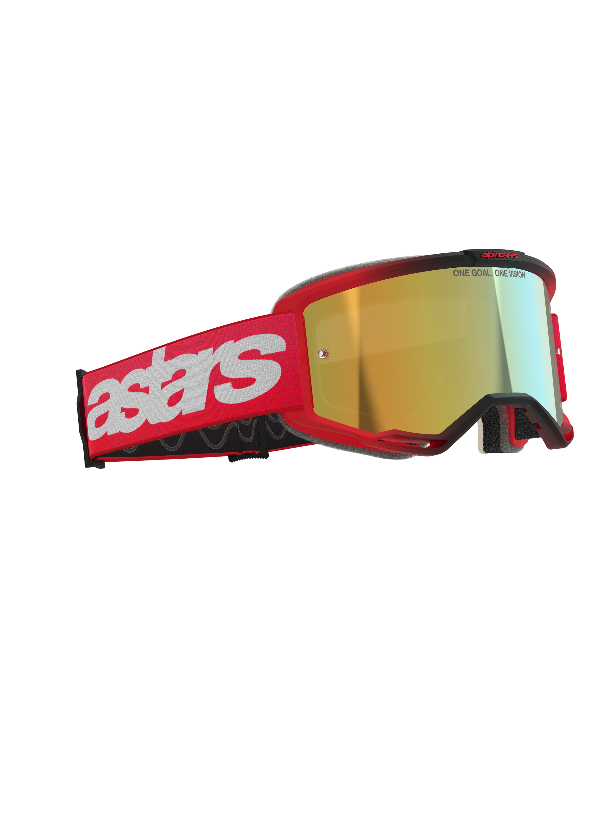 Alpinestars Vision 5 Blaze Goggles, occhiali da motocross, rosso con lente a specchio dorata, dotati di fascia intrecciata rossa con grande logo astars bianco e scritta 'ONE GOAL. ONE VISION.' sulla lente, protezione per gli occhi ad alte prestazioni per il fuoristrada