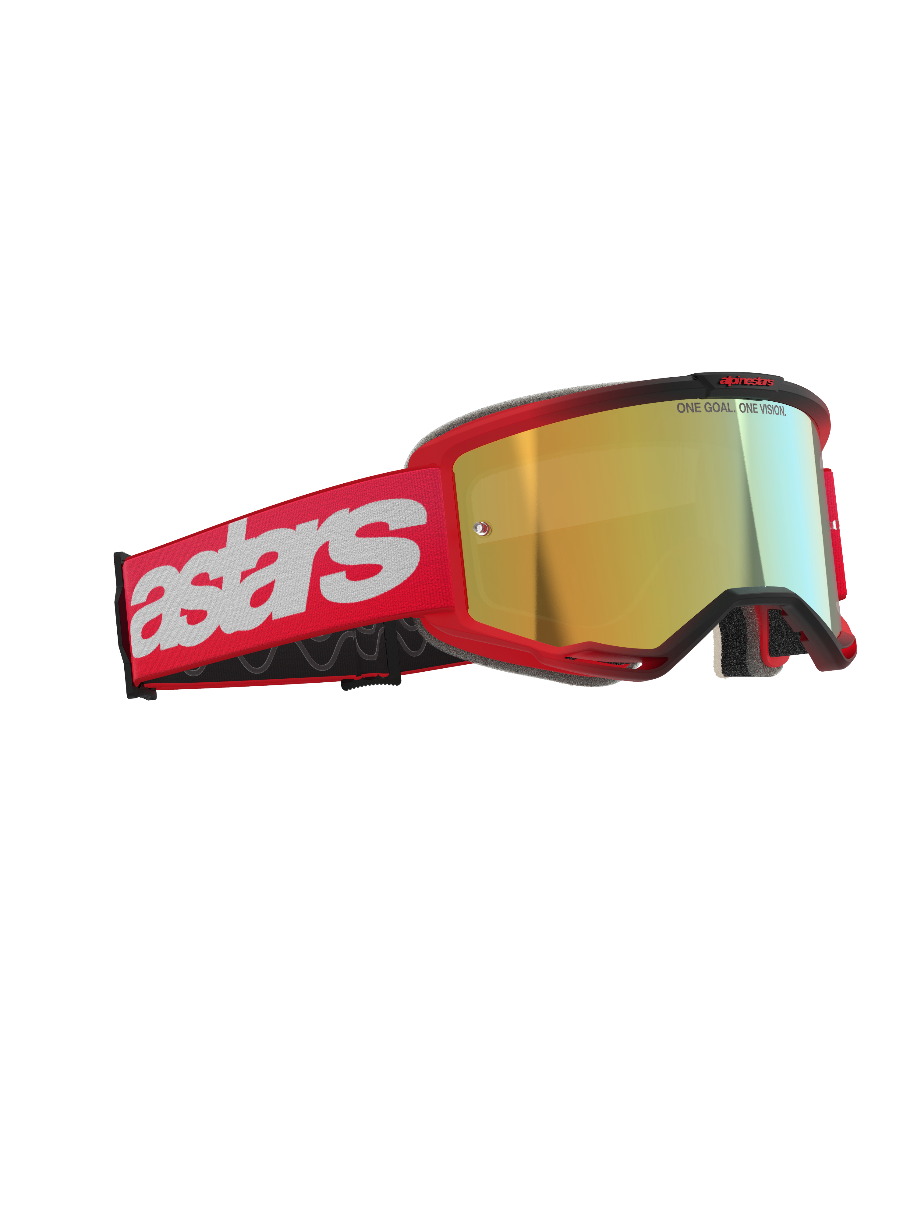 Alpinestars Vision 5 Blaze Goggles, occhiali da motocross, rosso con lente a specchio dorata, dotati di fascia intrecciata rossa con grande logo astars bianco e scritta 'ONE GOAL. ONE VISION.' sulla lente, protezione per gli occhi ad alte prestazioni per il fuoristrada