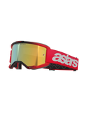 Alpinestars Vision 5 Blaze Goggles, occhiali da motocross, montatura e fascia rosse con lente Mirror Gold, marchio astars bianco sul lato, leggera montatura A-FLEX con schiuma facciale multistrato per corse fuoristrada