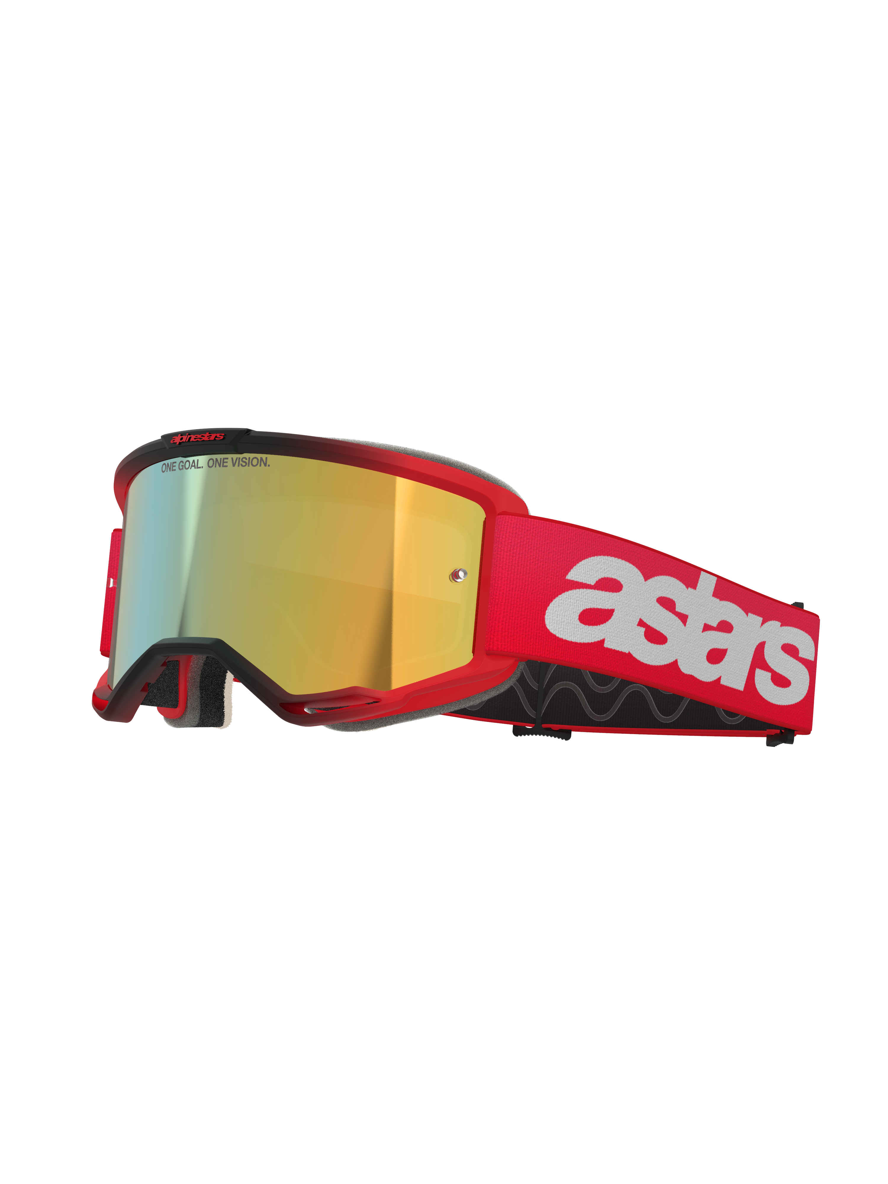 Alpinestars Vision 5 Blaze Goggles, occhiali da motocross, montatura e fascia rosse con lente Mirror Gold, marchio astars bianco sul lato, leggera montatura A-FLEX con schiuma facciale multistrato per corse fuoristrada
