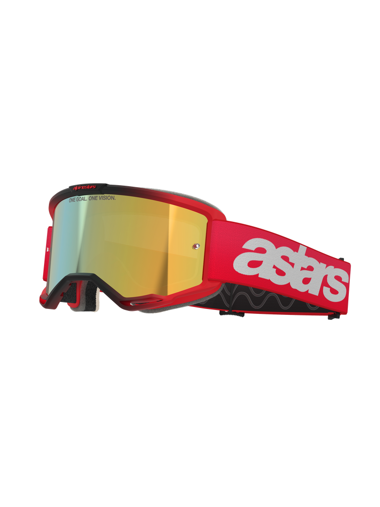 Alpinestars Vision 5 Blaze Goggles, occhiali da motocross, montatura e fascia rosse con lente Mirror Gold, marchio astars bianco sul lato, leggera montatura A-FLEX con schiuma facciale multistrato per corse fuoristrada