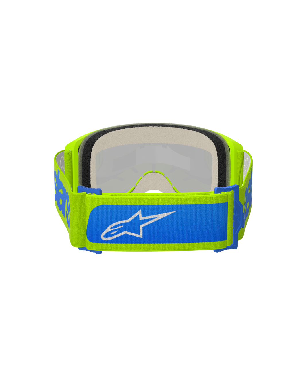 Alpinestars Vision 5 Blaze Goggles, occhiali da motocross, giallo fluo e blu, vista posteriore che mostra la fascia intrecciata regolabile da 45 mm con accenti blu e logo Alpinestars bianco, spessa schiuma facciale multistrato, progettati per gare fuoristrada