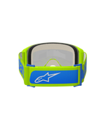 Alpinestars Vision 5 Blaze Goggles, occhiali da motocross, giallo fluo e blu, vista posteriore che mostra la fascia intrecciata regolabile da 45 mm con accenti blu e logo Alpinestars bianco, spessa schiuma facciale multistrato, progettati per gare fuoristrada
