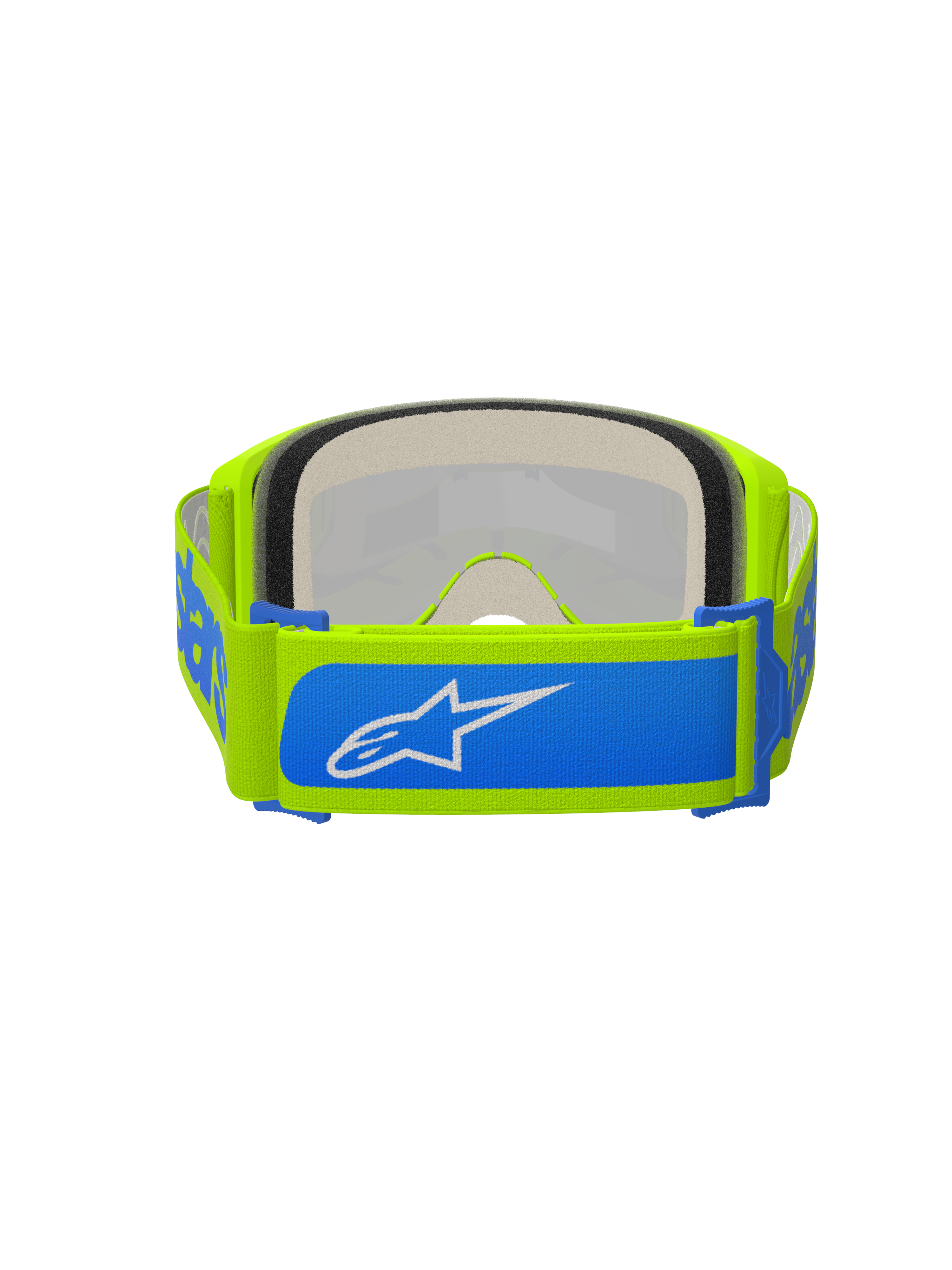 Alpinestars Vision 5 Blaze Goggles, occhiali da motocross, giallo fluo e blu, vista posteriore che mostra la fascia intrecciata regolabile da 45 mm con accenti blu e logo Alpinestars bianco, spessa schiuma facciale multistrato, progettati per gare fuoristrada
