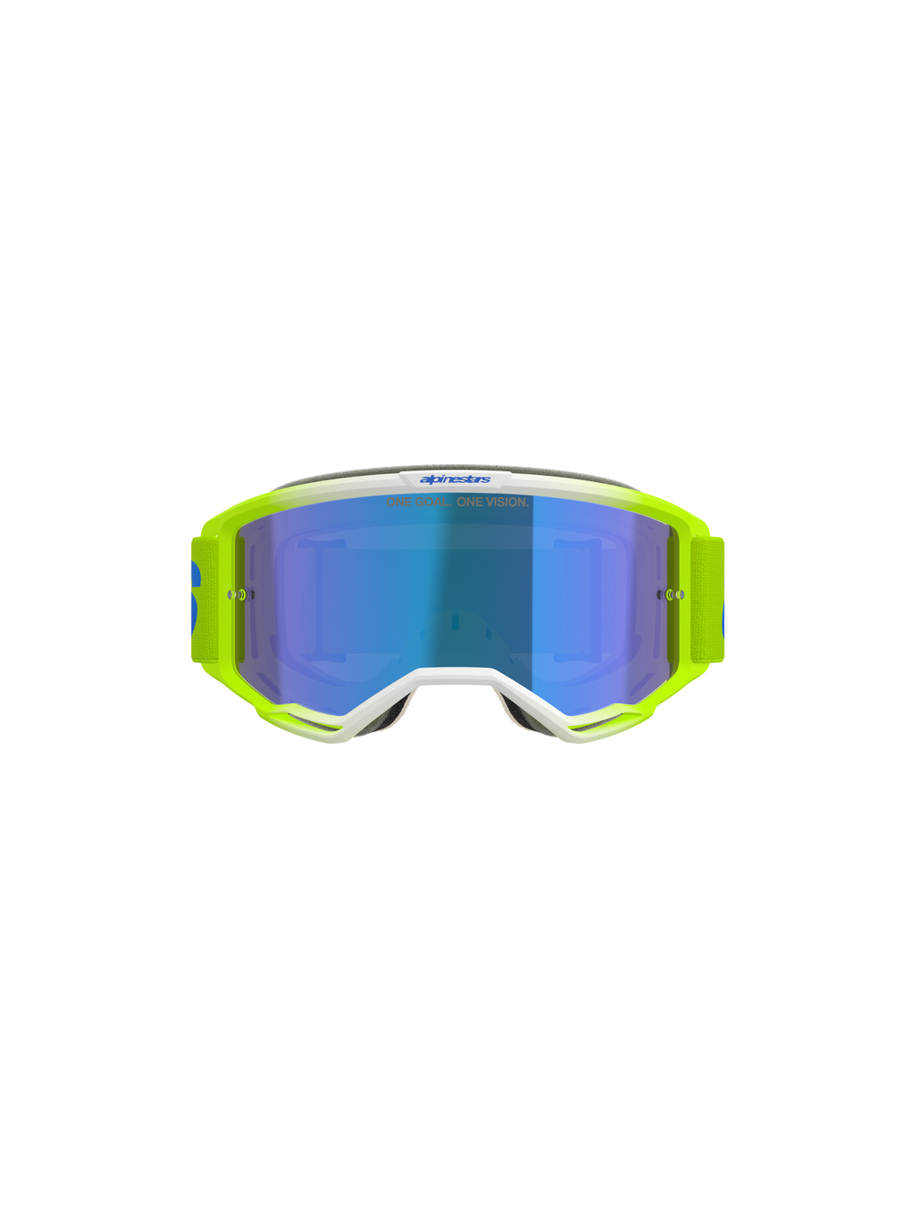 Alpinestars Vision 5 Blaze Goggles, occhiali da motocross, giallo fluo e blu, con lente Blue Mirror, dettagli della montatura bianchi e ampia fascia regolabile con marchio Alpinestars, protezione professionale per gli occhi per corse fuoristrada e motocross