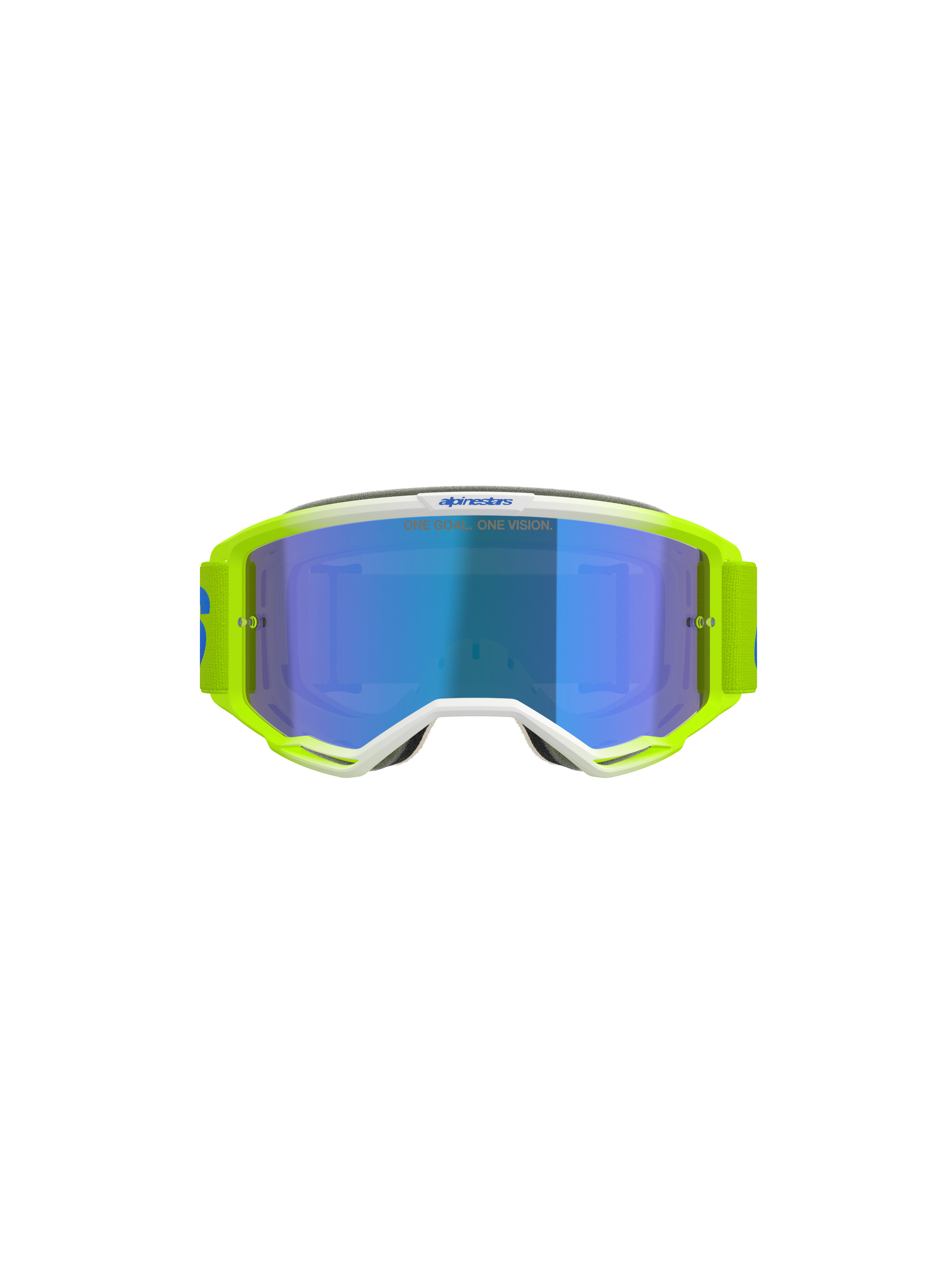 Alpinestars Vision 5 Blaze Goggles, occhiali da motocross, giallo fluo e blu, con lente Blue Mirror, dettagli della montatura bianchi e ampia fascia regolabile con marchio Alpinestars, protezione professionale per gli occhi per corse fuoristrada e motocross