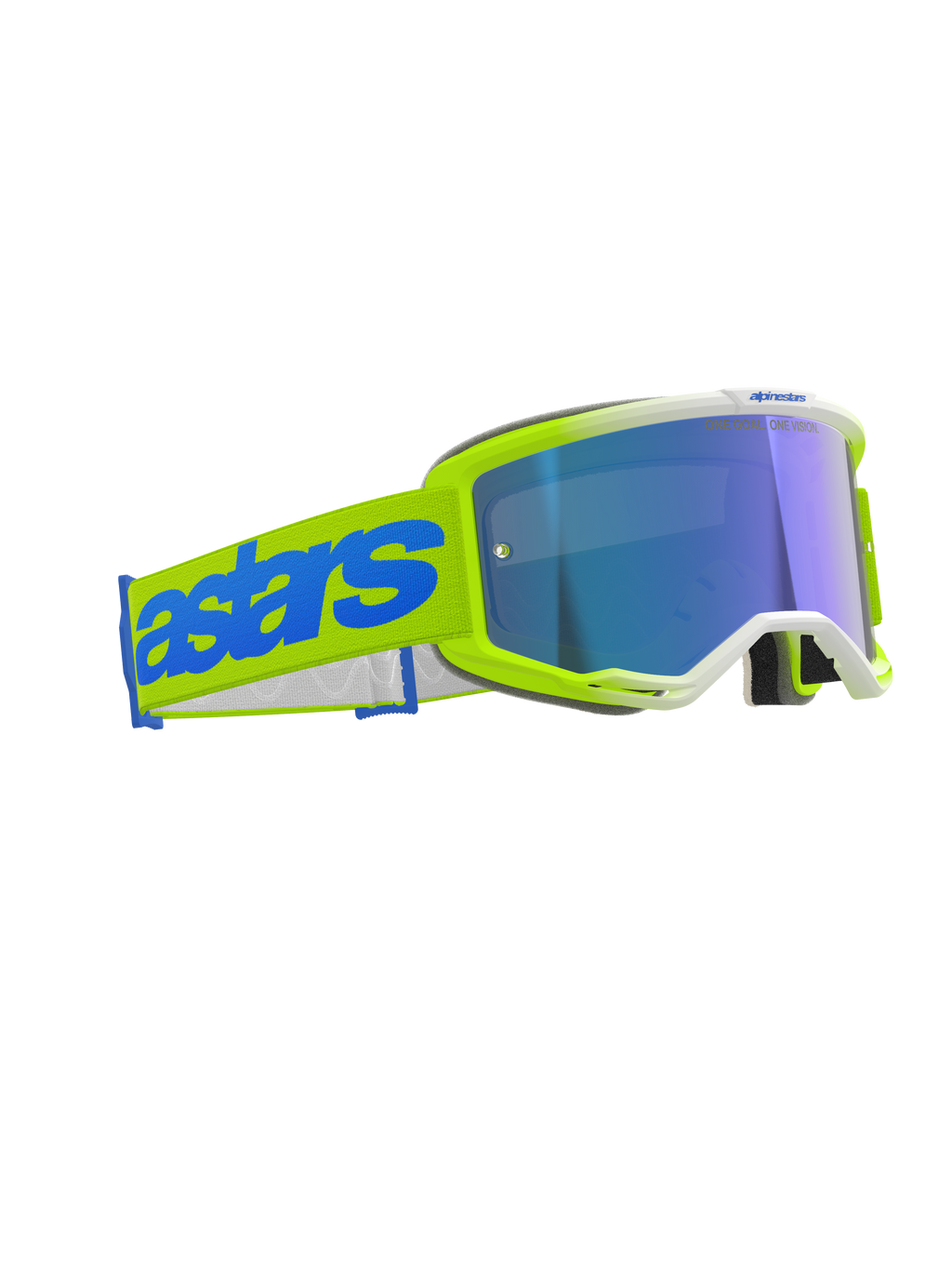 Alpinestars Vision 5 Blaze Goggles, occhiali da motocross, giallo fluo e blu, lente blu a specchio, ampia fascia gialla intrecciata con logo 'astars' blu, protezione oculare professionale per corse fuoristrada