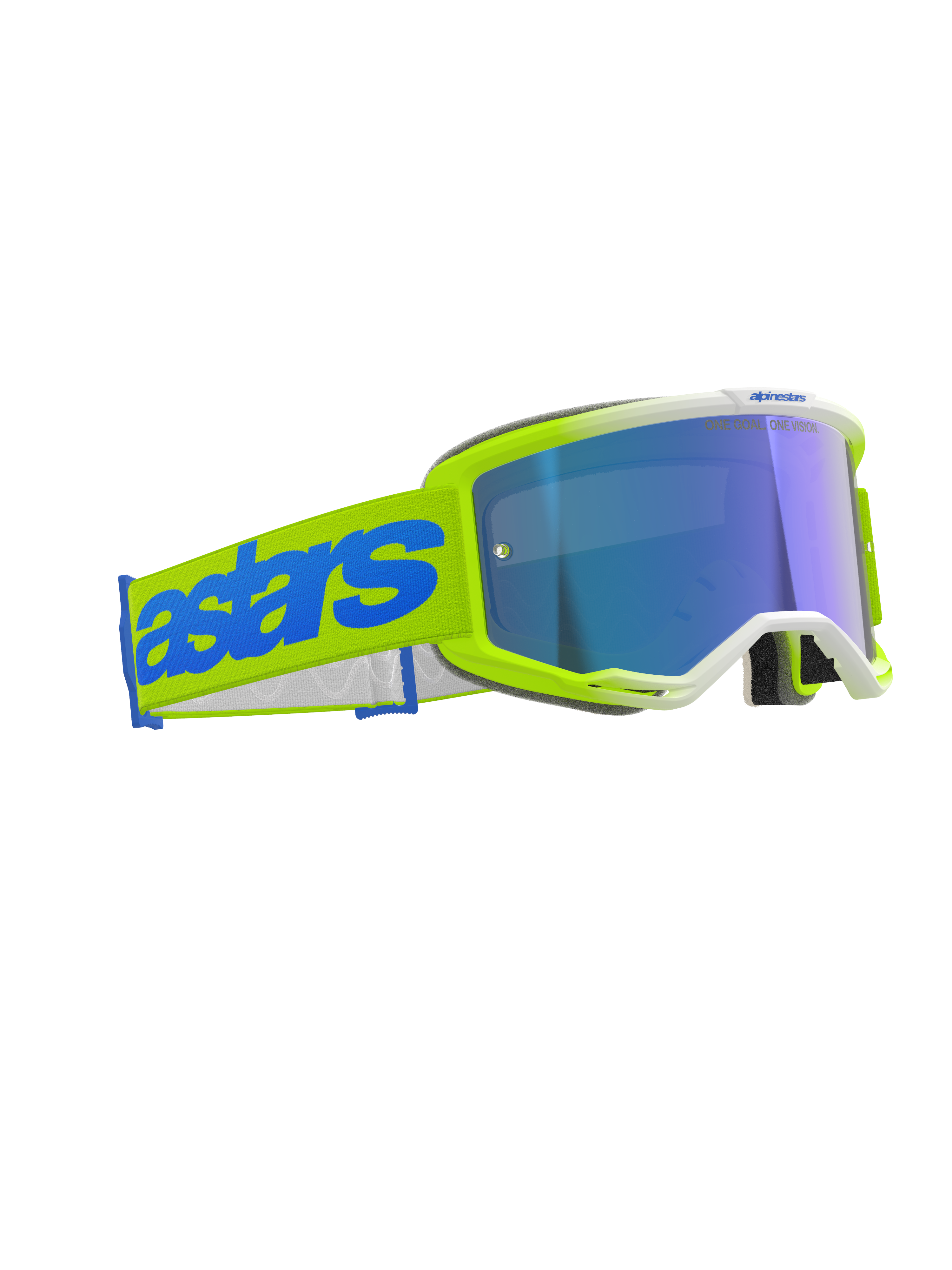 Alpinestars Vision 5 Blaze Goggles, occhiali da motocross, giallo fluo e blu, lente blu a specchio, ampia fascia gialla intrecciata con logo 'astars' blu, protezione oculare professionale per corse fuoristrada