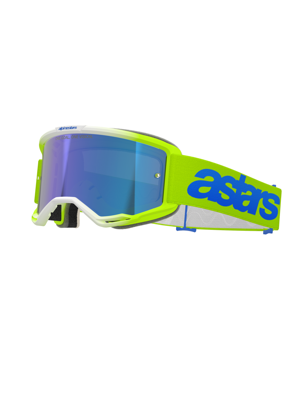 Alpinestars Vision 5 Blaze Goggles, occhiali da motocross, giallo fluo e blu, con lente a specchio blu, montatura giallo neon con finiture bianche, fascia regolabile con logo Astars blu, protezione oculare per competizioni fuoristrada