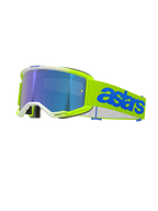 Alpinestars Vision 5 Blaze Goggles, occhiali da motocross, giallo fluo e blu, con lente a specchio blu, montatura giallo neon con finiture bianche, fascia regolabile con logo Astars blu, protezione oculare per competizioni fuoristrada