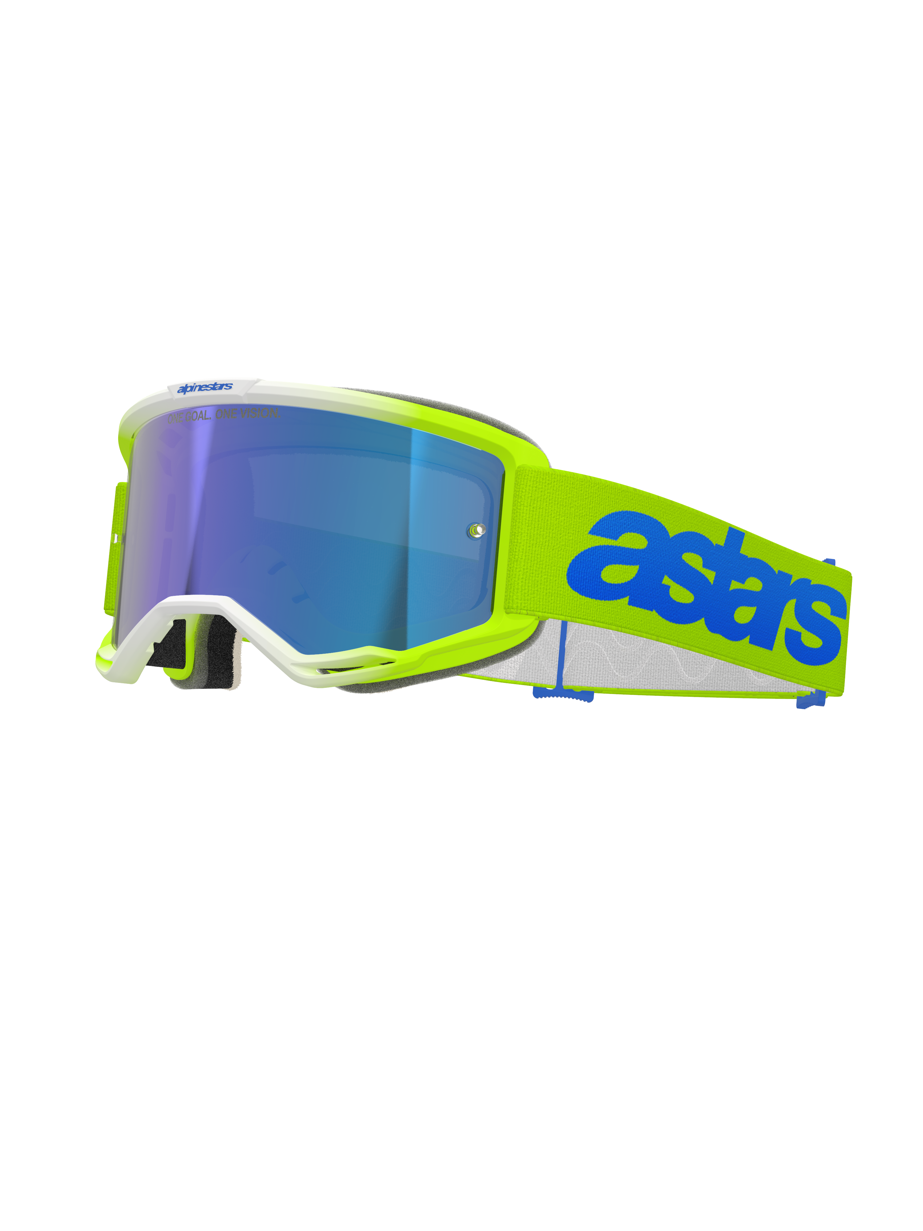 Alpinestars Vision 5 Blaze Goggles, occhiali da motocross, giallo fluo e blu, con lente a specchio blu, montatura giallo neon con finiture bianche, fascia regolabile con logo Astars blu, protezione oculare per competizioni fuoristrada