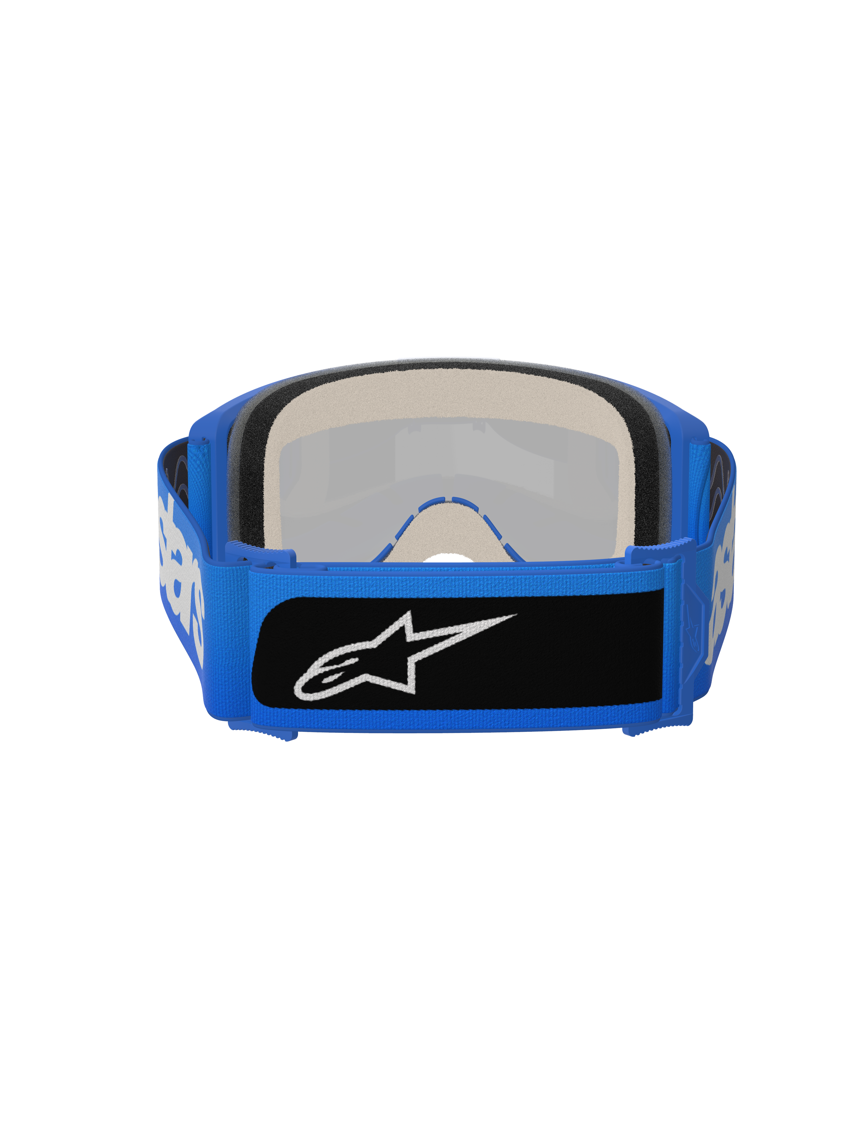 Alpinestars Vision 5 Blaze Goggles, occhiali da motocross, blu, vista posteriore che mostra la spessa schiuma facciale multistrato e l'ampia fascia blu intrecciata con patch logo nera, protezione per gli occhi ad alte prestazioni per la guida off-road