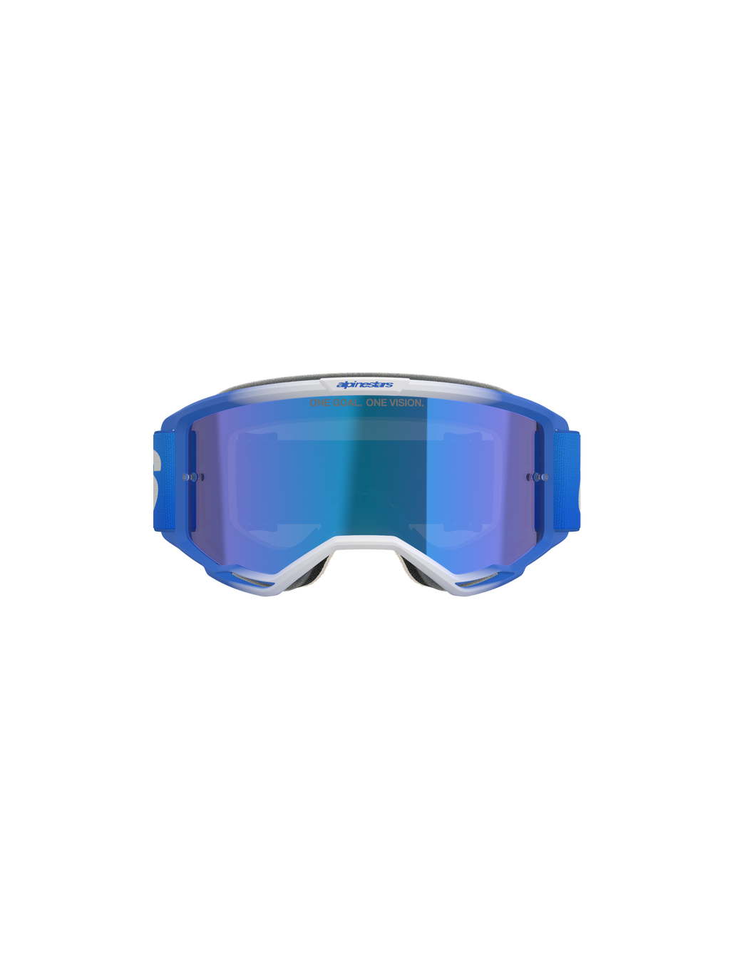 Alpinestars Vision 5 Blaze Goggles, occhiali da motocross, Blue Mirror Blue, vista frontale con montatura A-FLEX blu e bianca, lente a specchio blu e fascia intrecciata blu, protezione professionale per gli occhi da fuoristrada