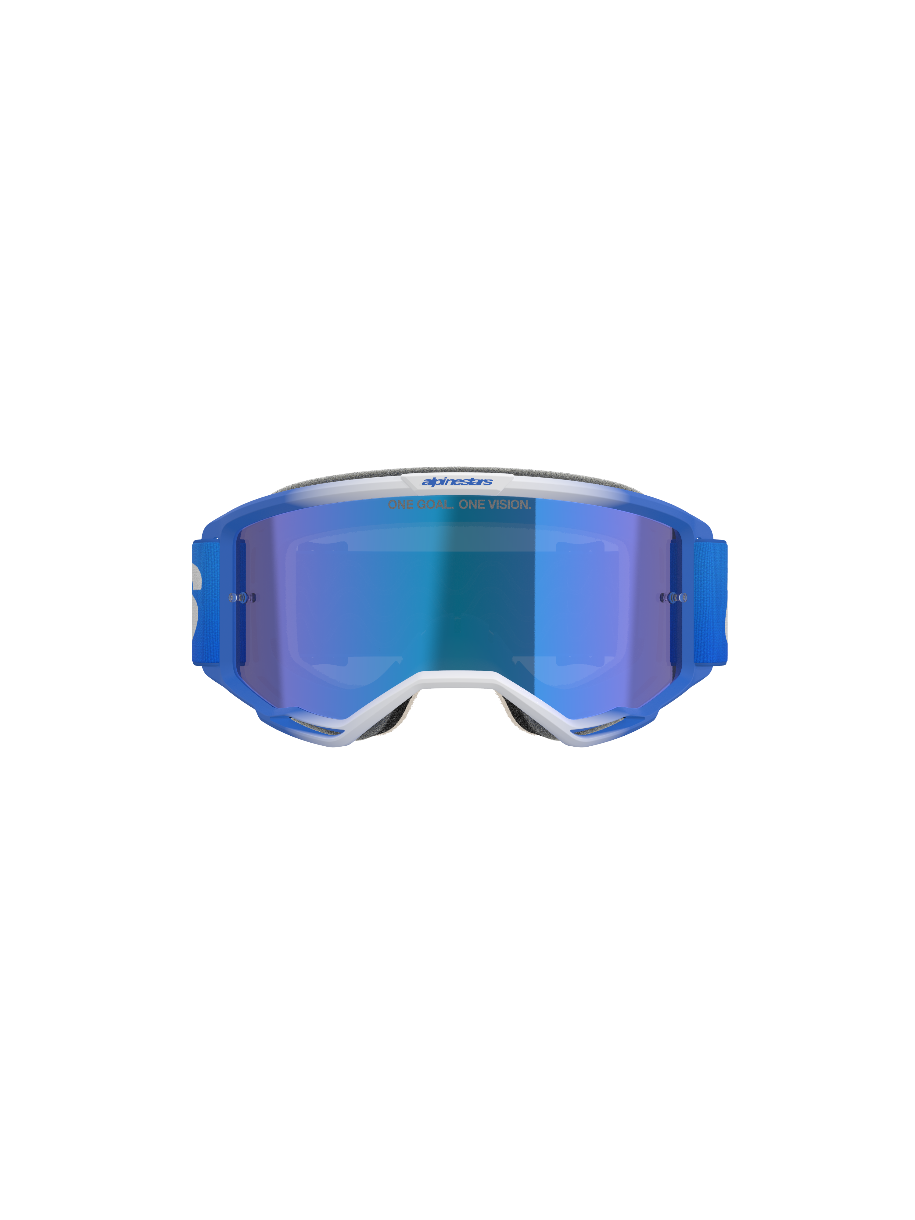Alpinestars Vision 5 Blaze Goggles, occhiali da motocross, Blue Mirror Blue, vista frontale con montatura A-FLEX blu e bianca, lente a specchio blu e fascia intrecciata blu, protezione professionale per gli occhi da fuoristrada