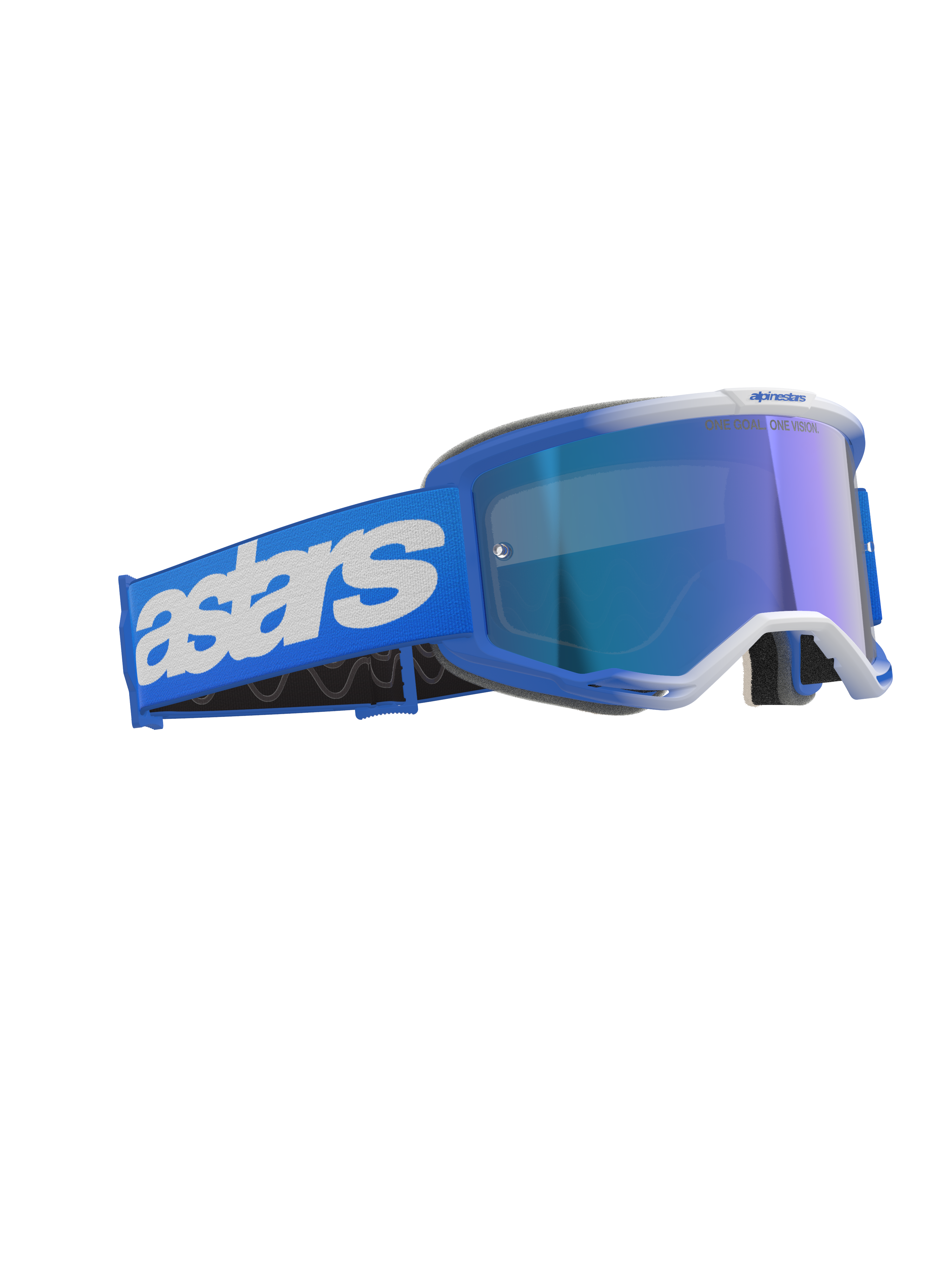 Alpinestars Vision 5 Blaze Goggles, maschere da motocross, Blue Mirror Blue, con montatura blu e lente a specchio, ampia fascia blu con marchio Astars bianco, occhiali protettivi per fuoristrada ad alte prestazioni