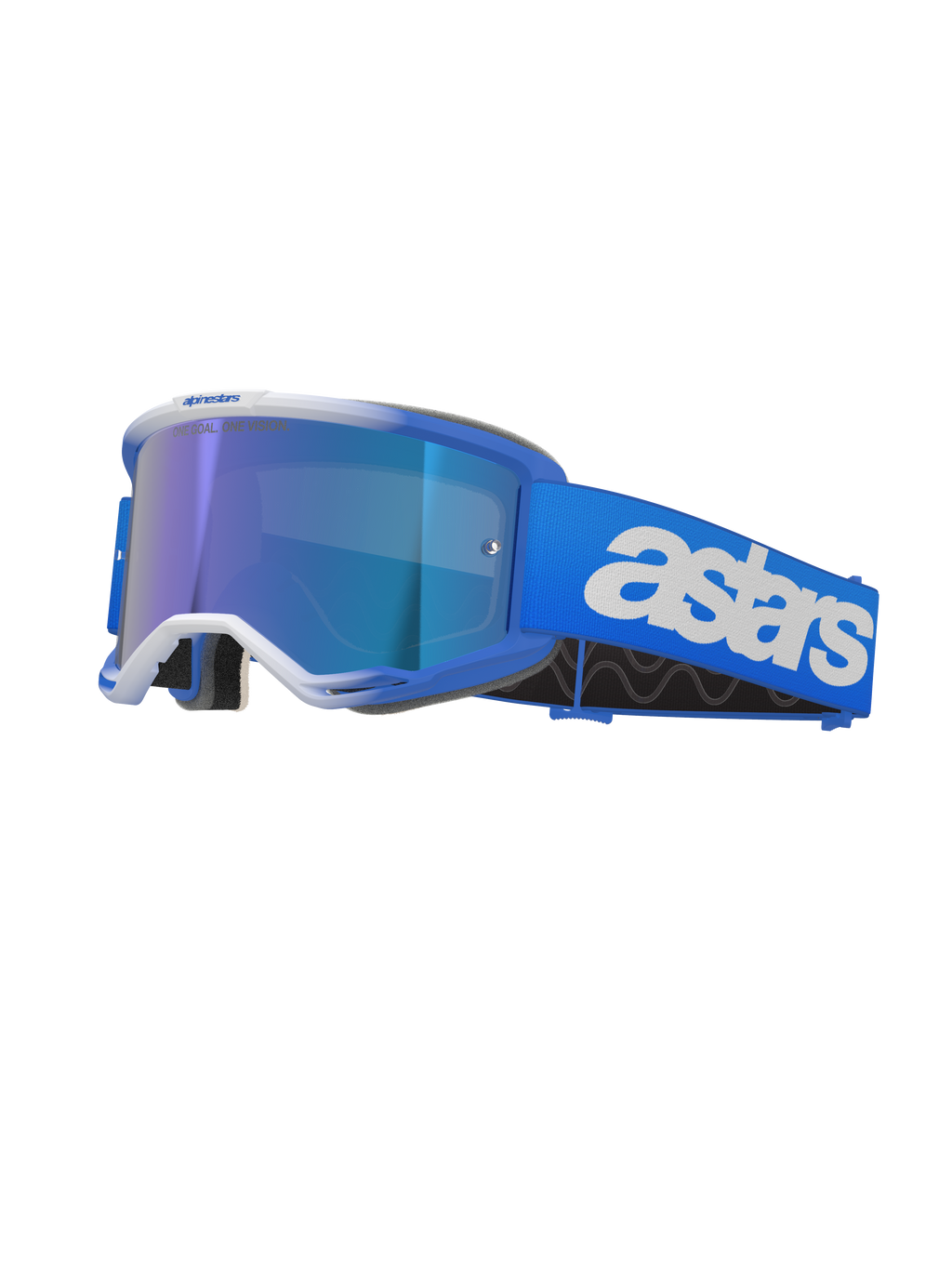 Alpinestars Vision 5 Blaze Goggles, occhiali da motocross, blu e bianco, dotati di lente a specchio blu riflettente, ampio cinturino blu con logo astars bianco, montatura curva con dettagli bianchi, spessa imbottitura in schiuma nera, occhiali professionali per corse fuoristrada