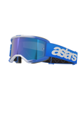 Alpinestars Vision 5 Blaze Goggles, occhiali da motocross, blu e bianco, dotati di lente a specchio blu riflettente, ampio cinturino blu con logo astars bianco, montatura curva con dettagli bianchi, spessa imbottitura in schiuma nera, occhiali professionali per corse fuoristrada