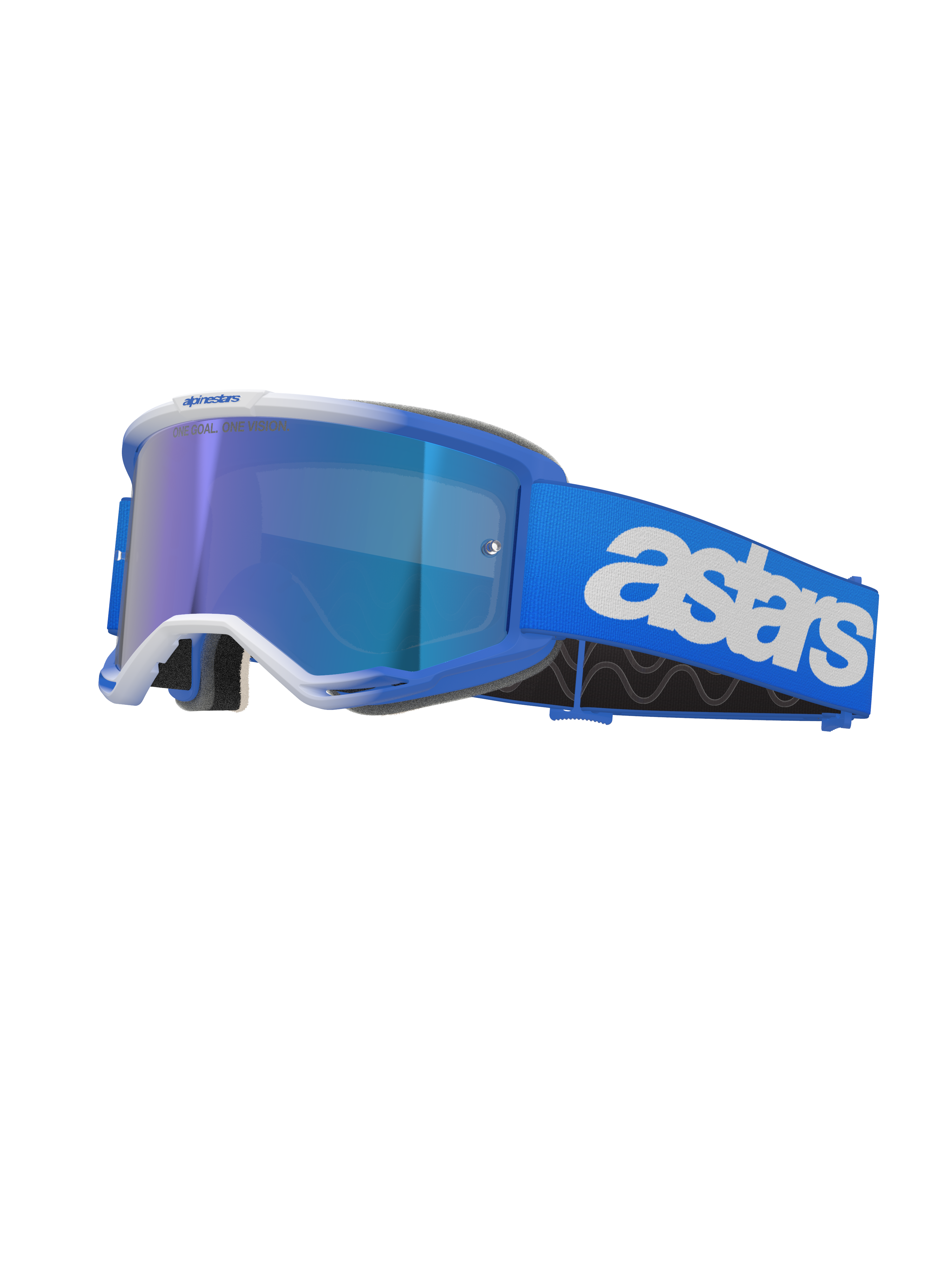 Alpinestars Vision 5 Blaze Goggles, occhiali da motocross, blu e bianco, dotati di lente a specchio blu riflettente, ampio cinturino blu con logo astars bianco, montatura curva con dettagli bianchi, spessa imbottitura in schiuma nera, occhiali professionali per corse fuoristrada