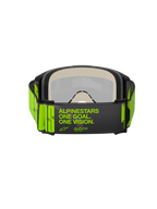 Alpinestars Vision 5 Hollow Goggles, occhiali da motocross, grigio antracite e giallo fluo, vista posteriore che mostra l'ampia fascia tessuta con branding 'ALPINESTARS ONE GOAL. ONE VISION.', schiuma facciale multistrato, progettati per gare fuoristrada