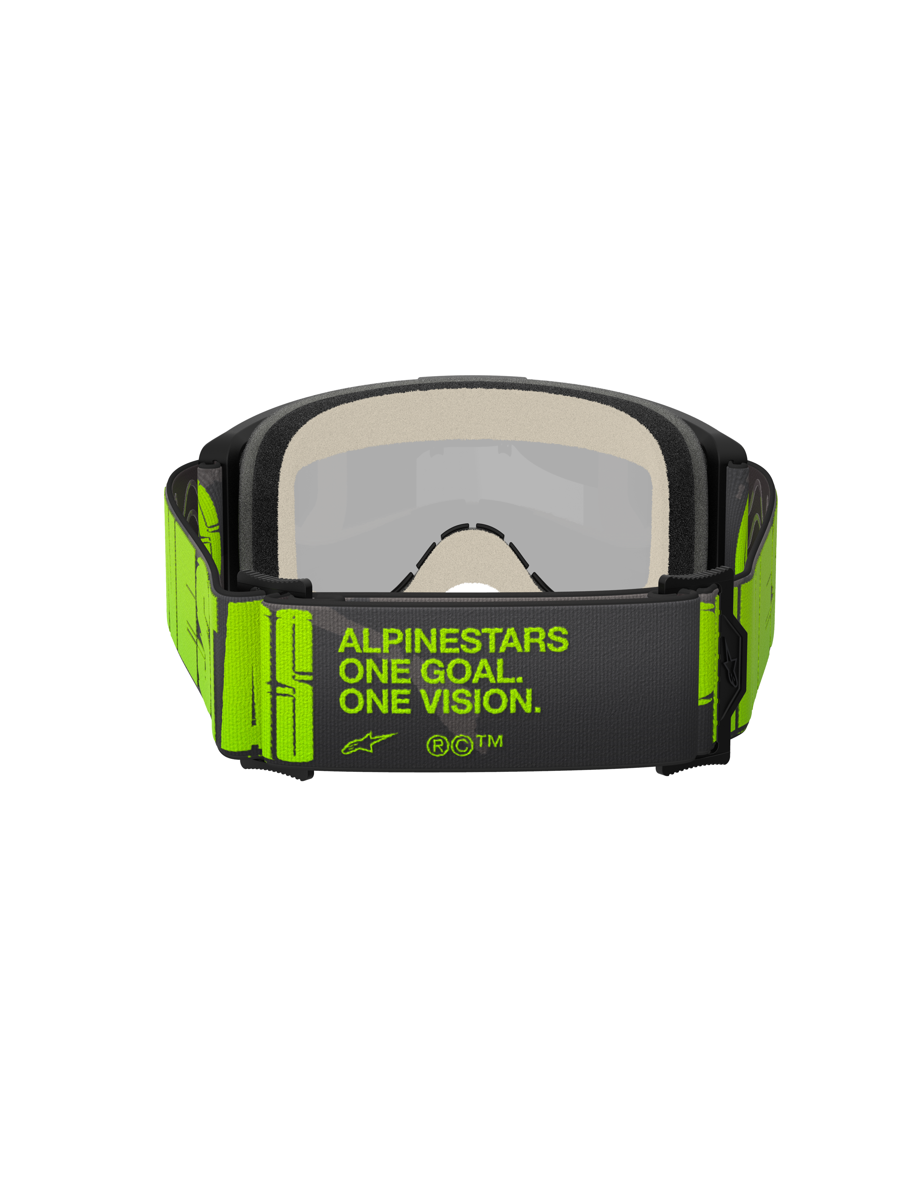 Alpinestars Vision 5 Hollow Goggles, occhiali da motocross, grigio antracite e giallo fluo, vista posteriore che mostra l'ampia fascia tessuta con branding 'ALPINESTARS ONE GOAL. ONE VISION.', schiuma facciale multistrato, progettati per gare fuoristrada